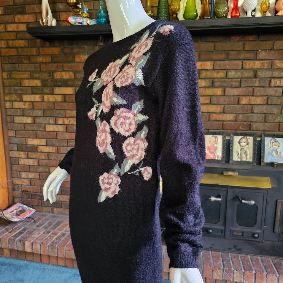 Vtg 80s New Wave Preppy Mall Rat Knit Floral Sweater Wiggle Bodycon Dress M/L