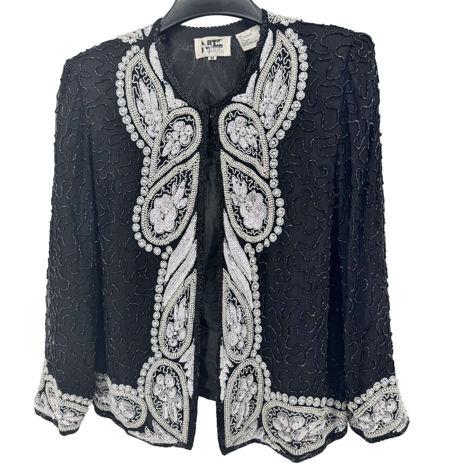 Vtg Nite line Black Sequined Beaded Pearl Evening Jacket Women’s Money Glam