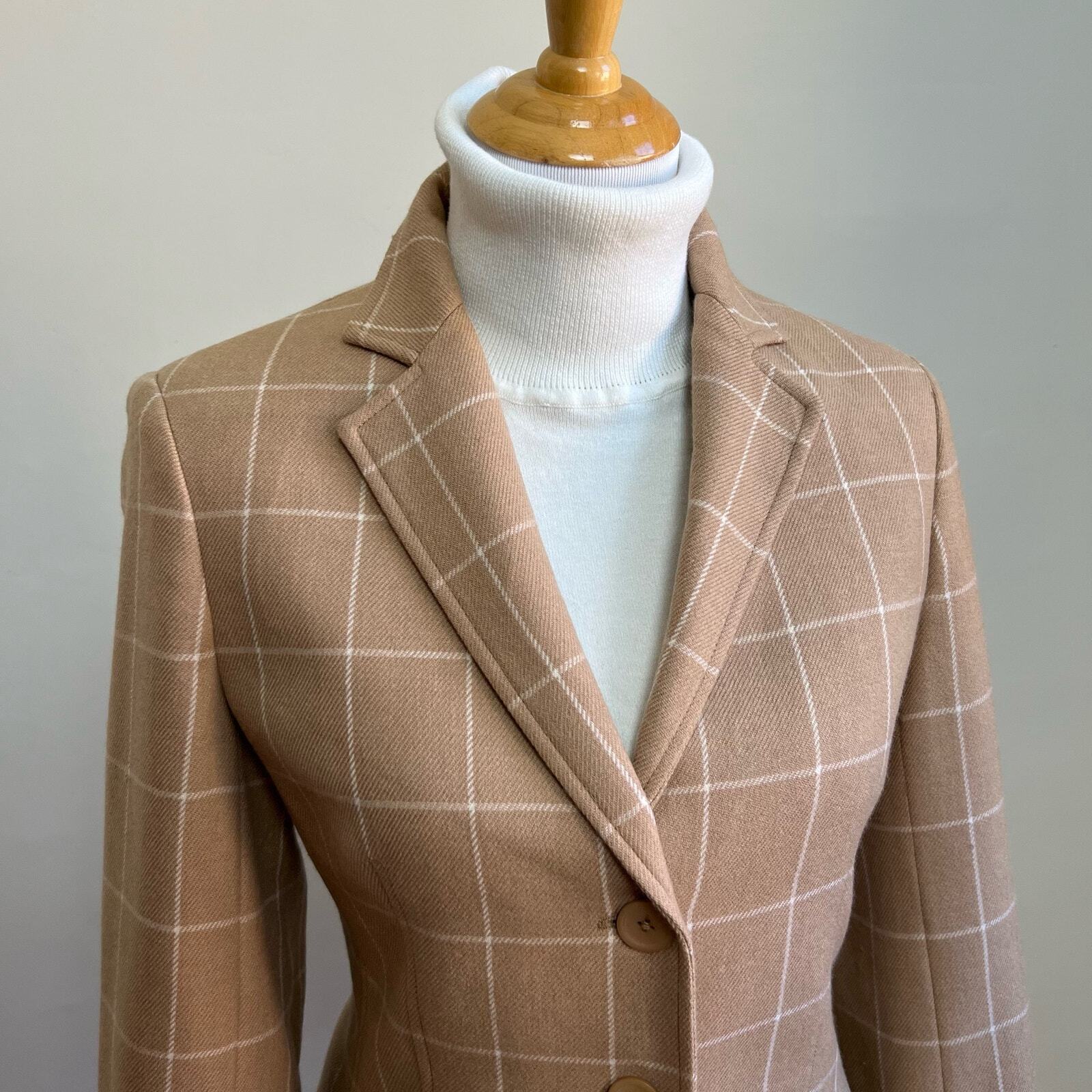 Vintage Talbots Wool Cashmere Tan Brown Plaid Windowpane Blazer Jacket Women 10P
