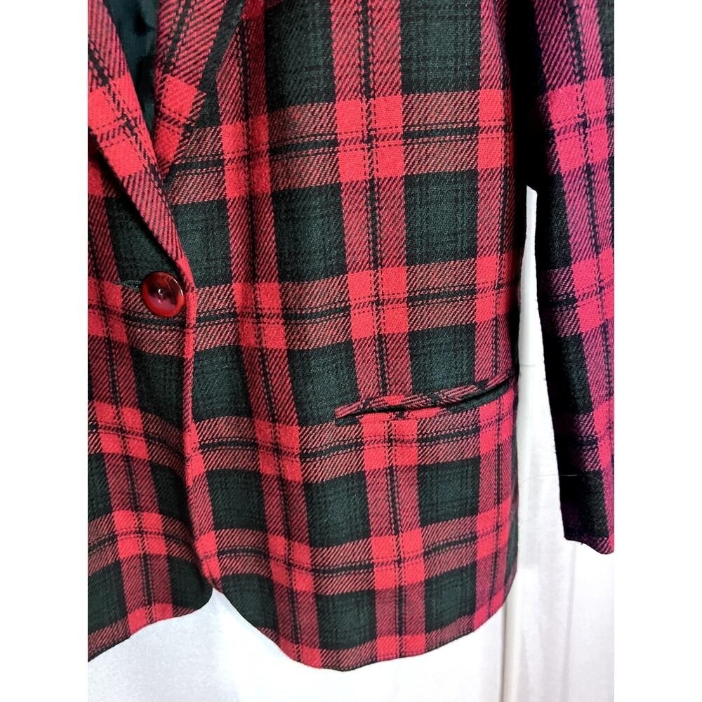 Vintage Sag Harbor Red Green Wool Tartan Plaid Holiday Blazer Jacket