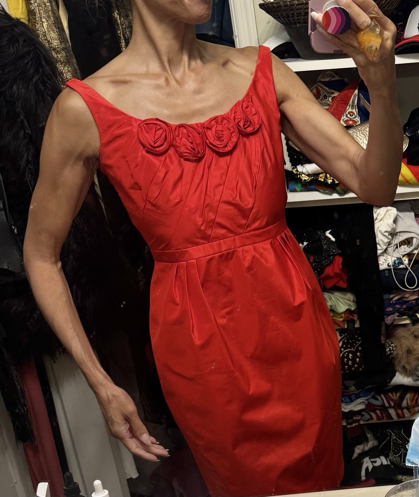 Vtg Red Carmen Marc Valvo Silk Regal Neck Empire Cocktail Roses Dress XS