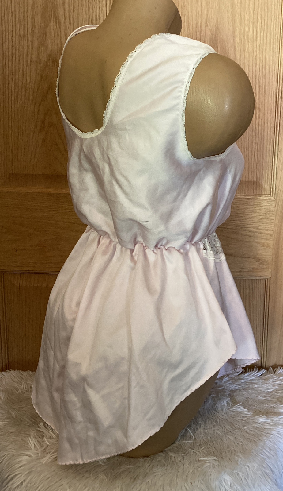 Vtg Teddy PINK Lace flutter Tap Bodysuit Playsuit CHANTILLY Lace One Piece #L9
