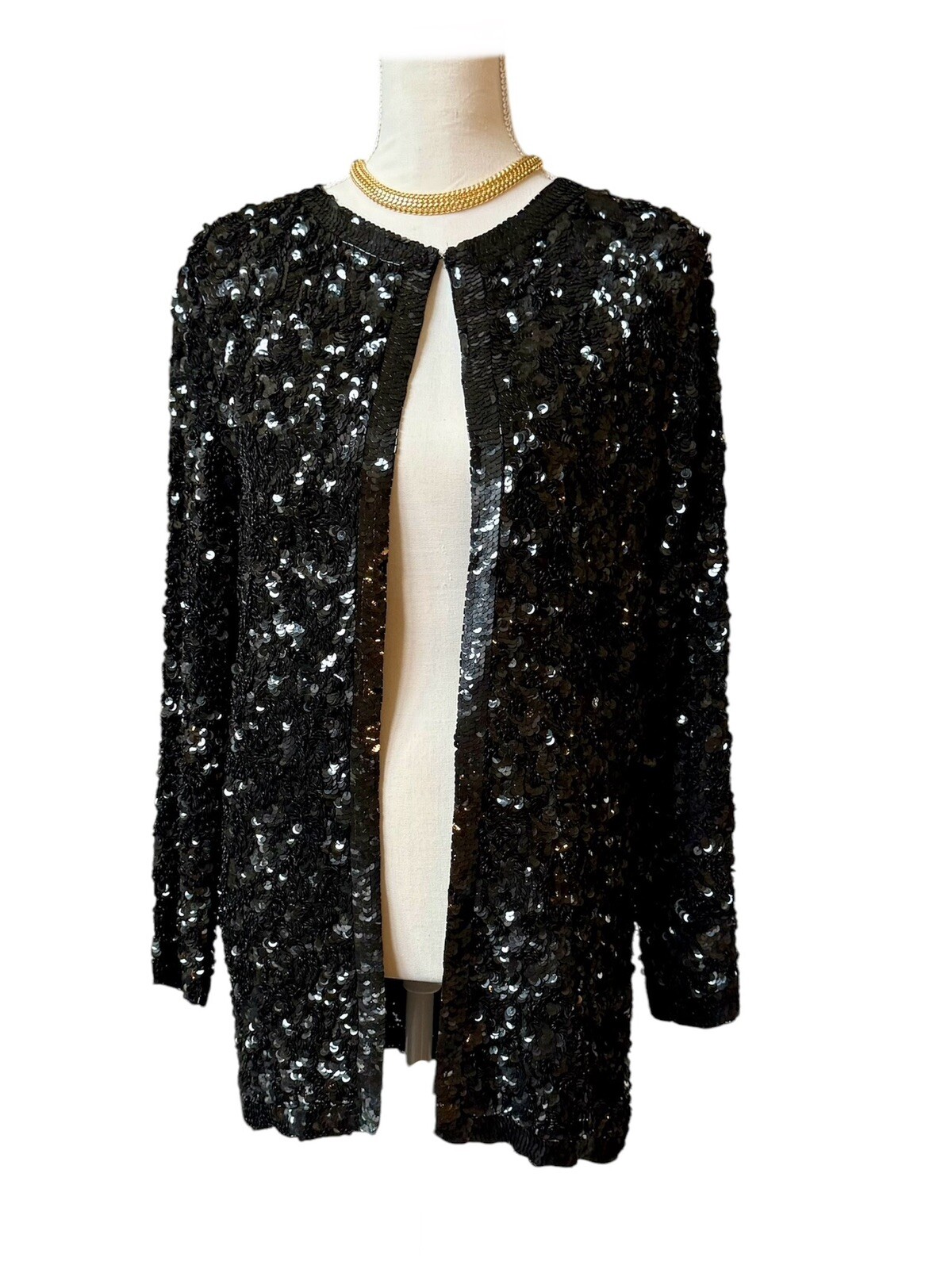 Vintage Swee Lo Black Sequin Beaded Silk Long Sleeve Party Formal Jacket S
