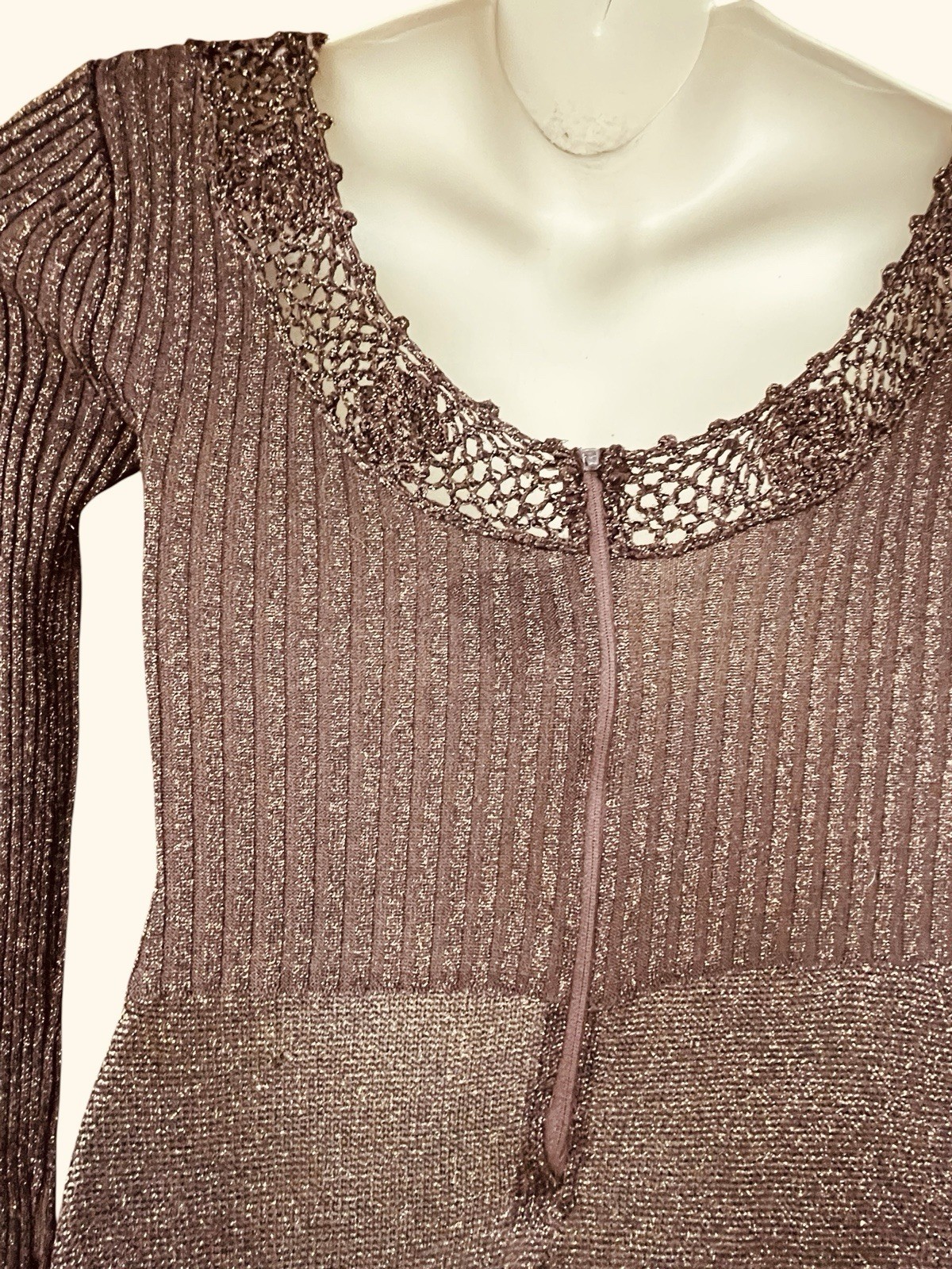 Vtg 70’s WENJILLI Bronze Metallic Slinky Knit Lurex Shimmer Maxi Dress 11 / 12