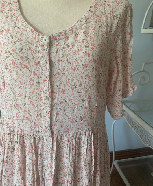 Vintage Midi Maxi Dress Pink ROSE Floral Rayon Cottagecore Pastel 90s Y2K Large