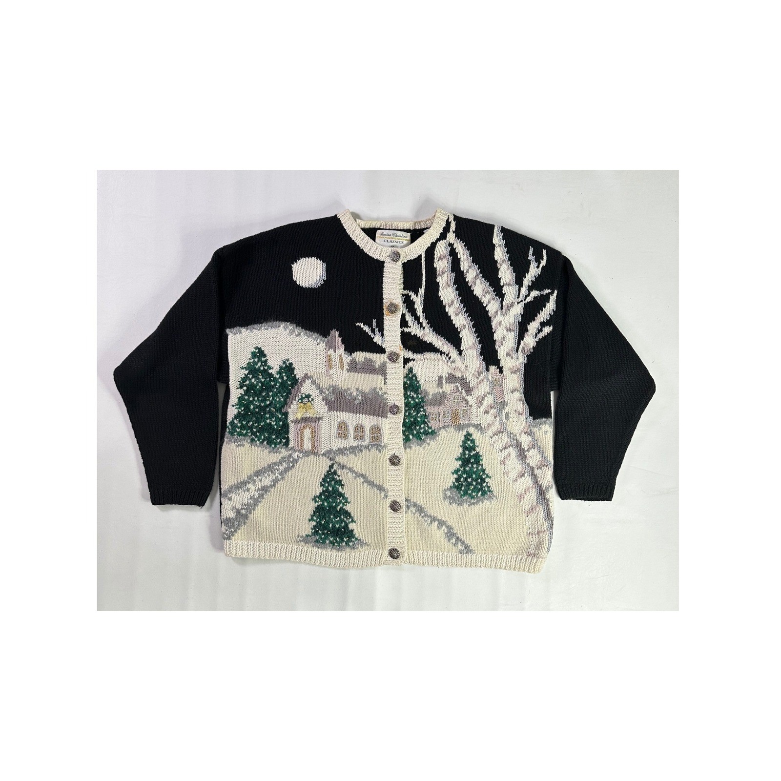 Marisa Christina Vintage 1996 Christmas Winter Village Cardigan Sweater XL Black