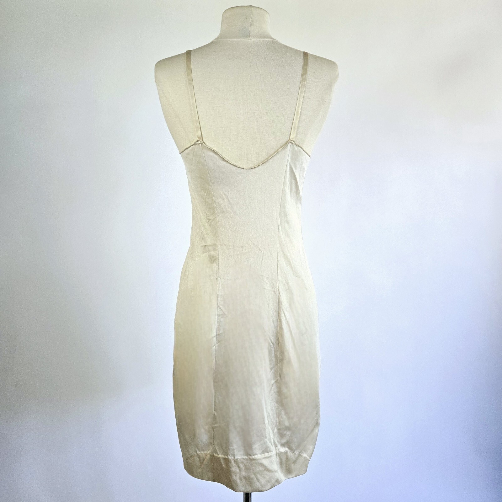 Vtg 1970s Ivory Nylon Lace Vanity Fair Full Mini Midi Slip Dress Sz 30 Champagne