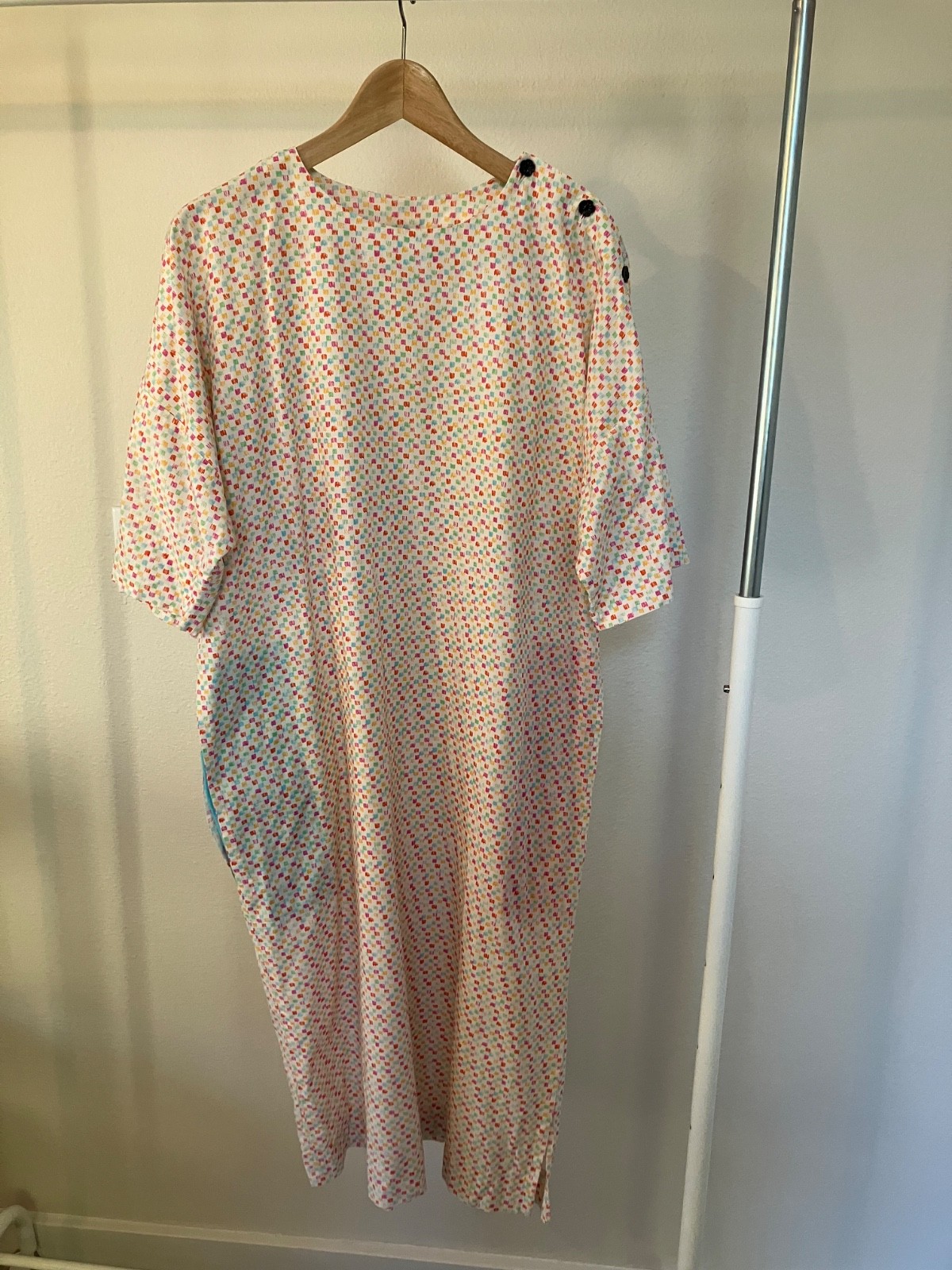 Marimekko 1980s Caftan Dress Button Shoulder Pastel Cotton Dress