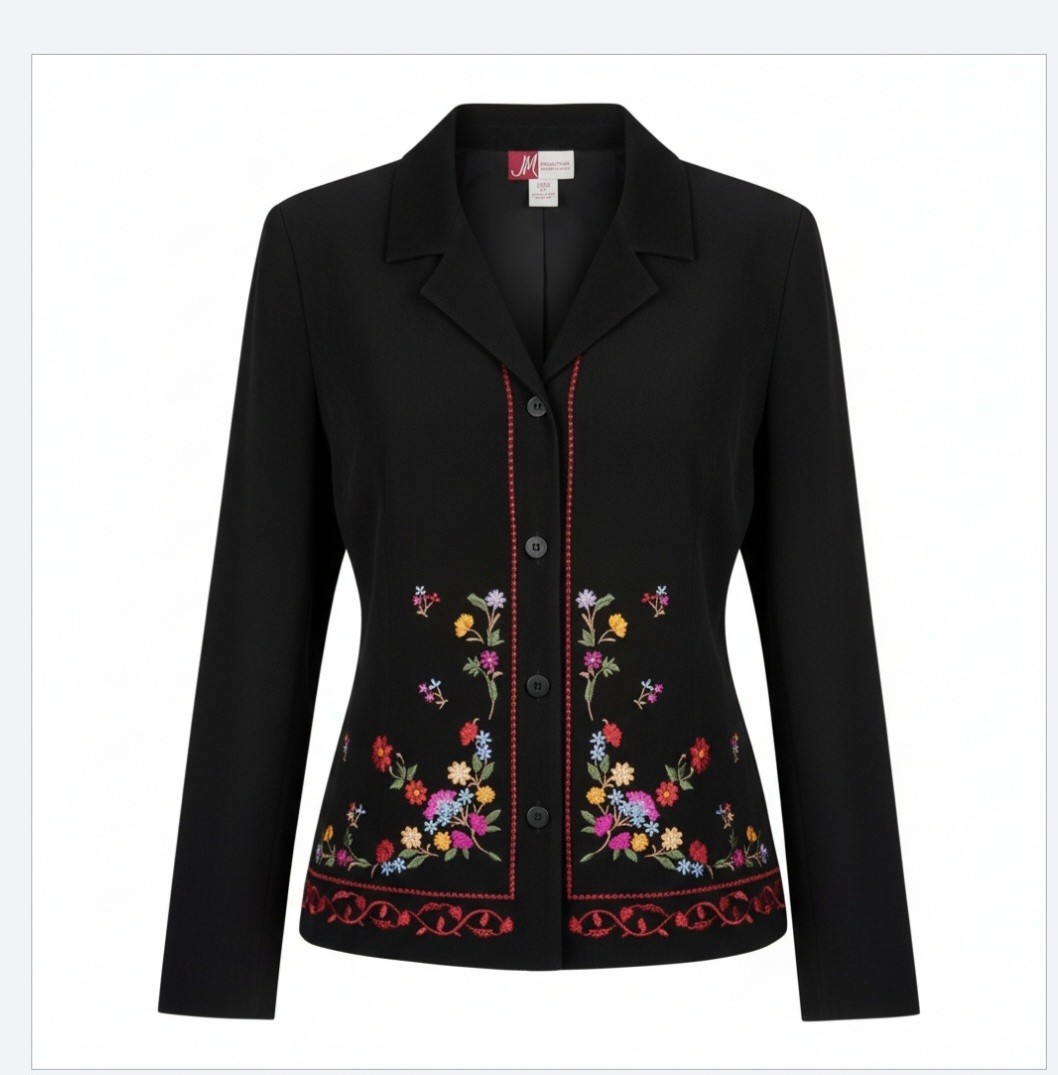 Vintage black Faux Suede Top Jacket Embroidered Red Pink Yellow Flowers. size 12