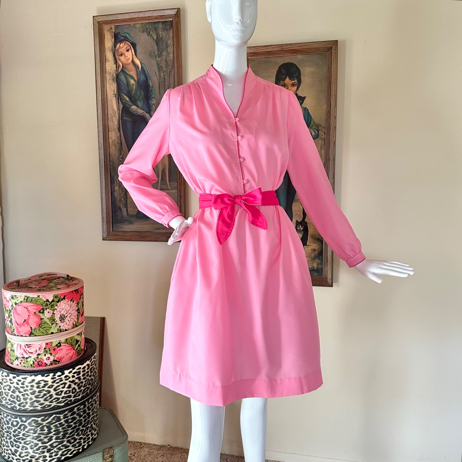 Vintage 1970s Bubblegum Pink Color Block Secretary Day Dress SATC Disco L