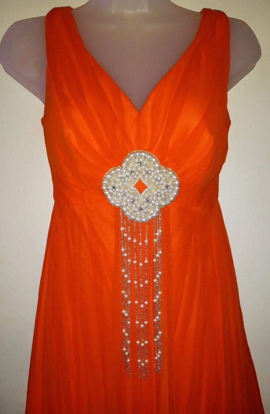Vintage 60s Mike Benet Orange Sheer Chiffon Gown Dress Formal Beaded Applique S