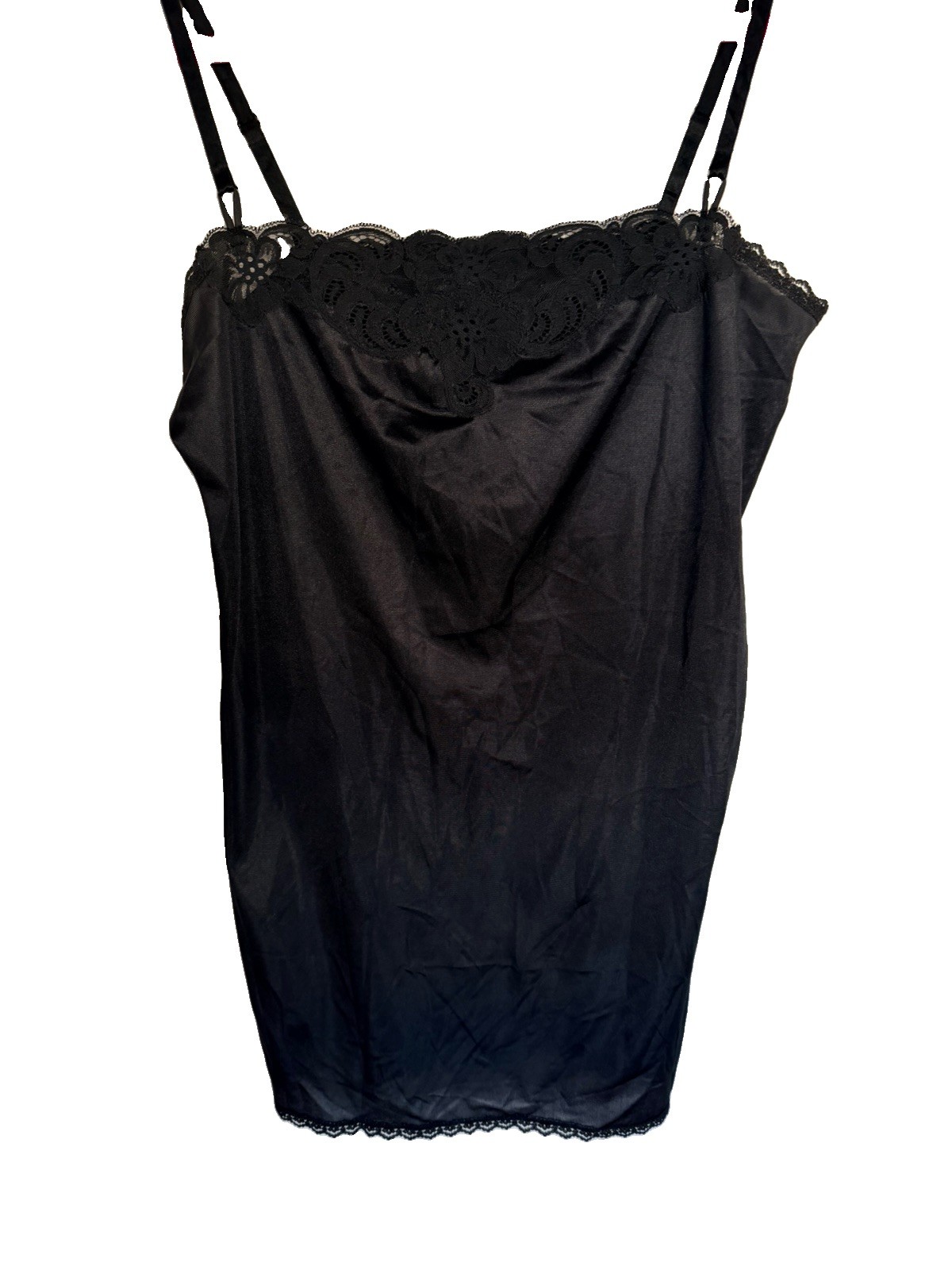 Vintage Black Nylon Mini Slip Dress With Scalloped Lace 34