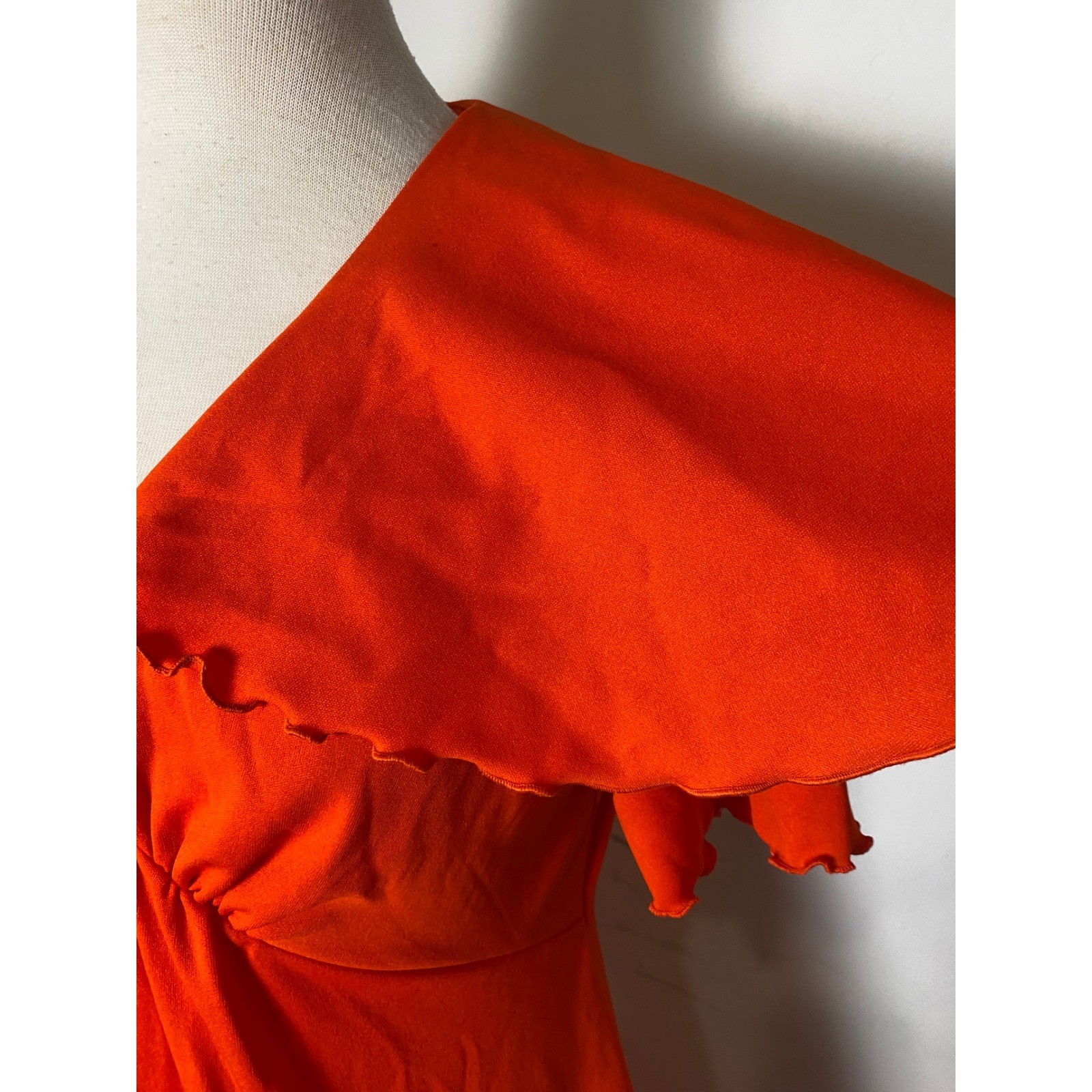 Vintage 70s Orange Fortrel Polyester Ruffle Halloween Empire Waist Maxi Dress S