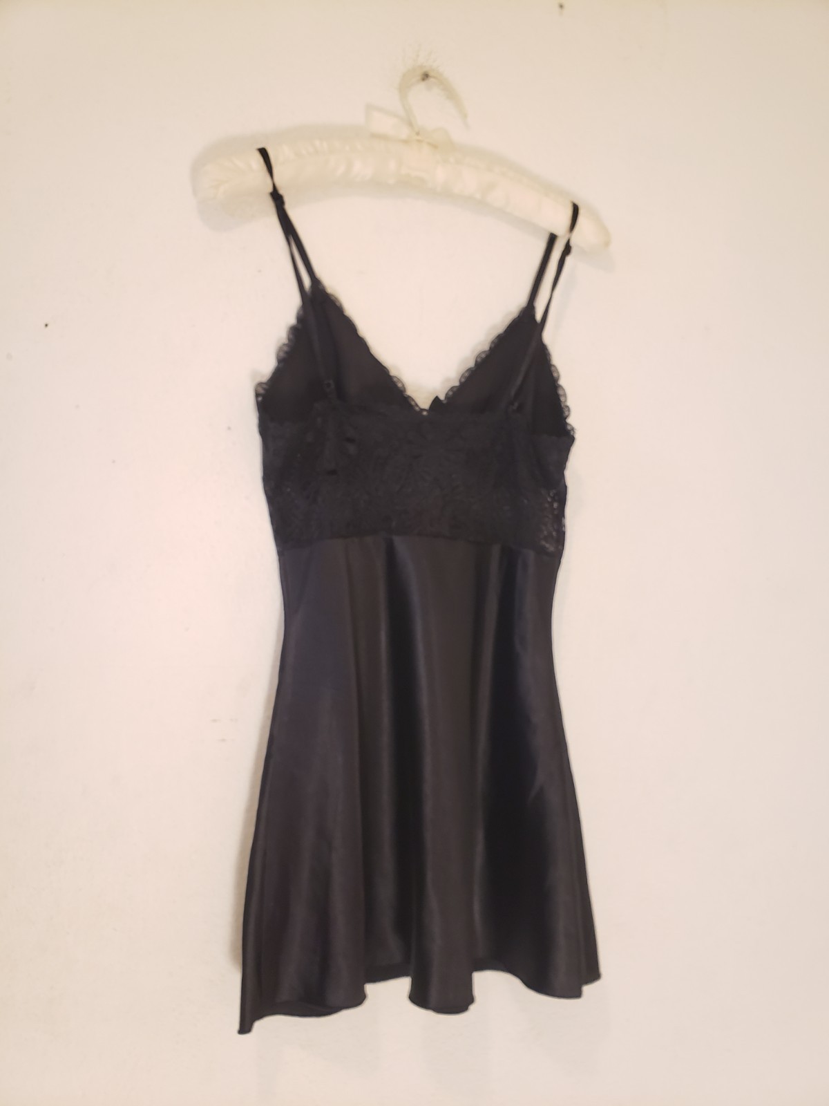 Vtg Y2k Black Satin Lace Mini Slip Dress Babydoll Sz S