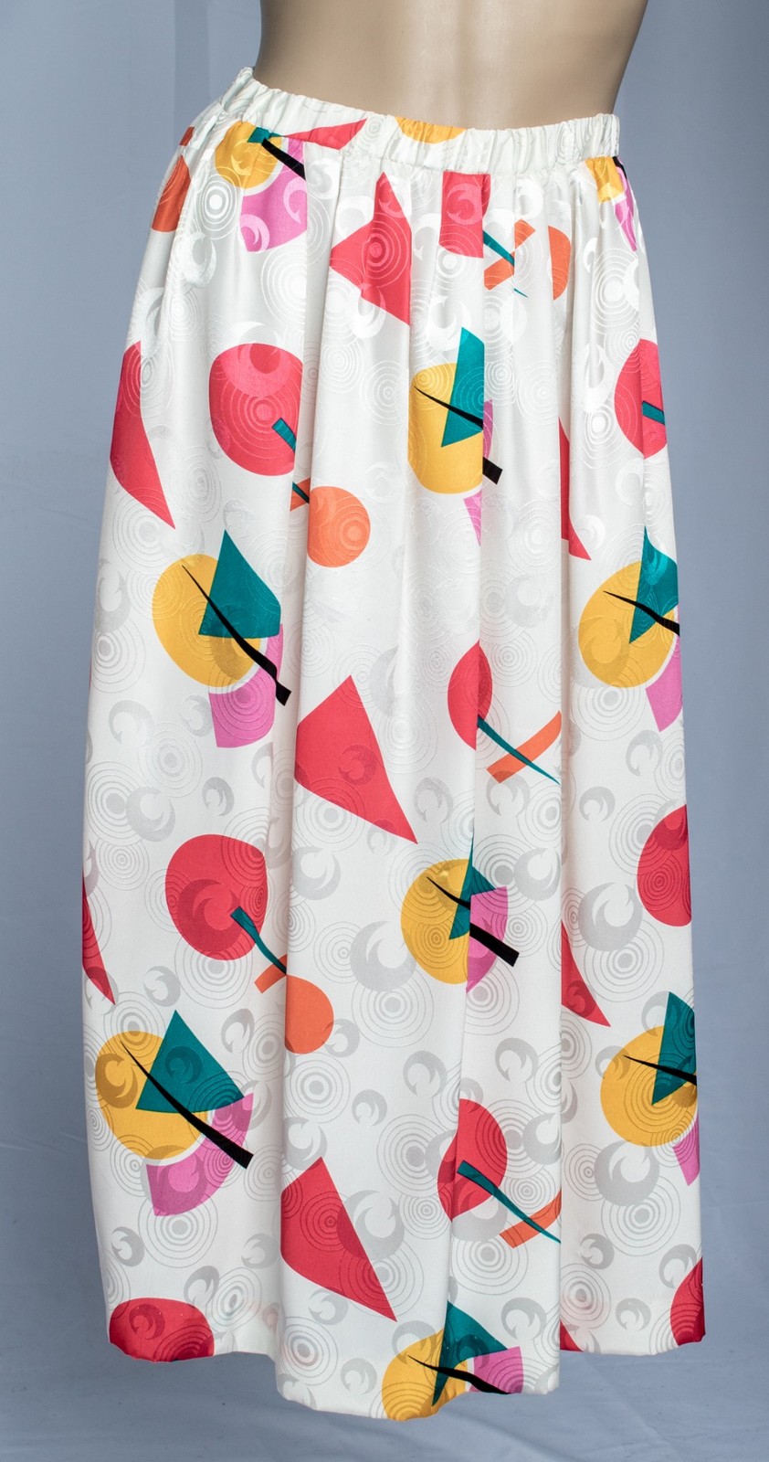 1980s Vintage Satin Jacquard Midi Skirt New Wave Postmodern Memphis Colorful L
