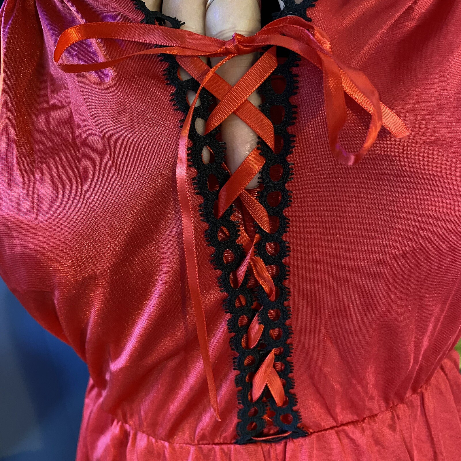 Vintage 70s Lady Cameo Lingerie Harley Quinn Red and Black Lace Nylon Jumpsuit