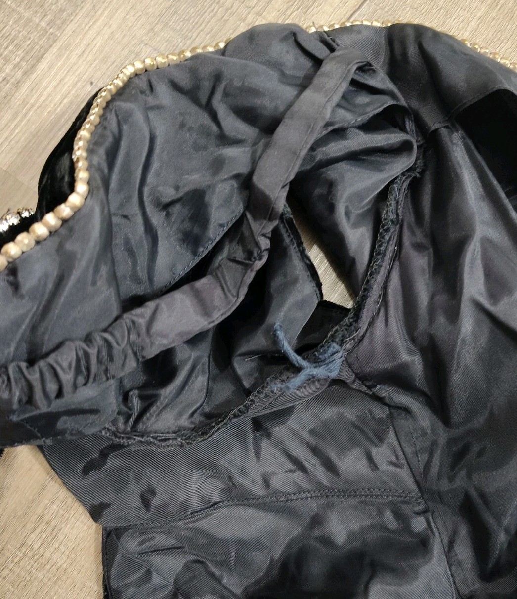 VTG 80s ZUM ZUM Black Rayon Velvet Dress Rhinestone Bow Low Back Crinoline Goth
