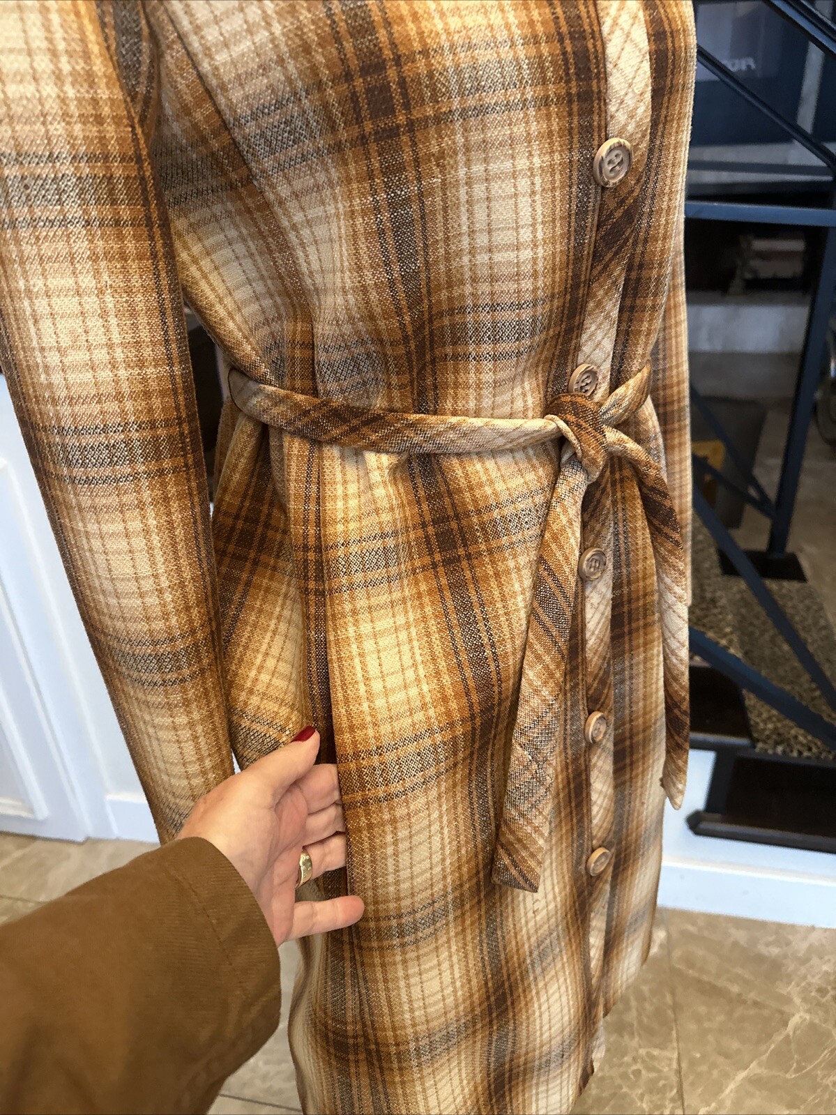 Jacques Tiffeau 60s Brown Tones Wool Blanket Plaid Coat & Pleated Skirt Set S