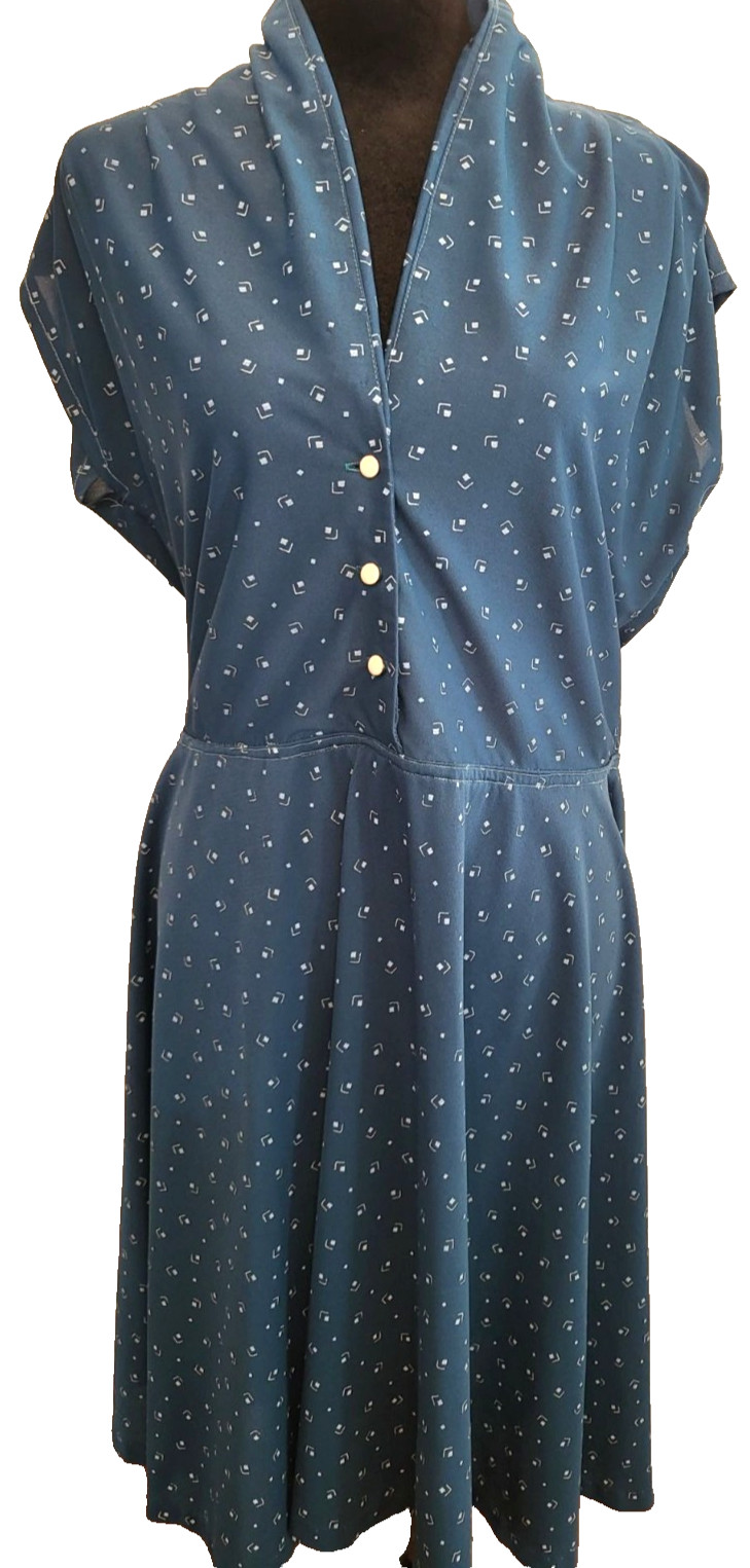 Vintage 70s/80s Teal Geometric Print Shirt Waist Dress 14 Trad Wife Retro Twee