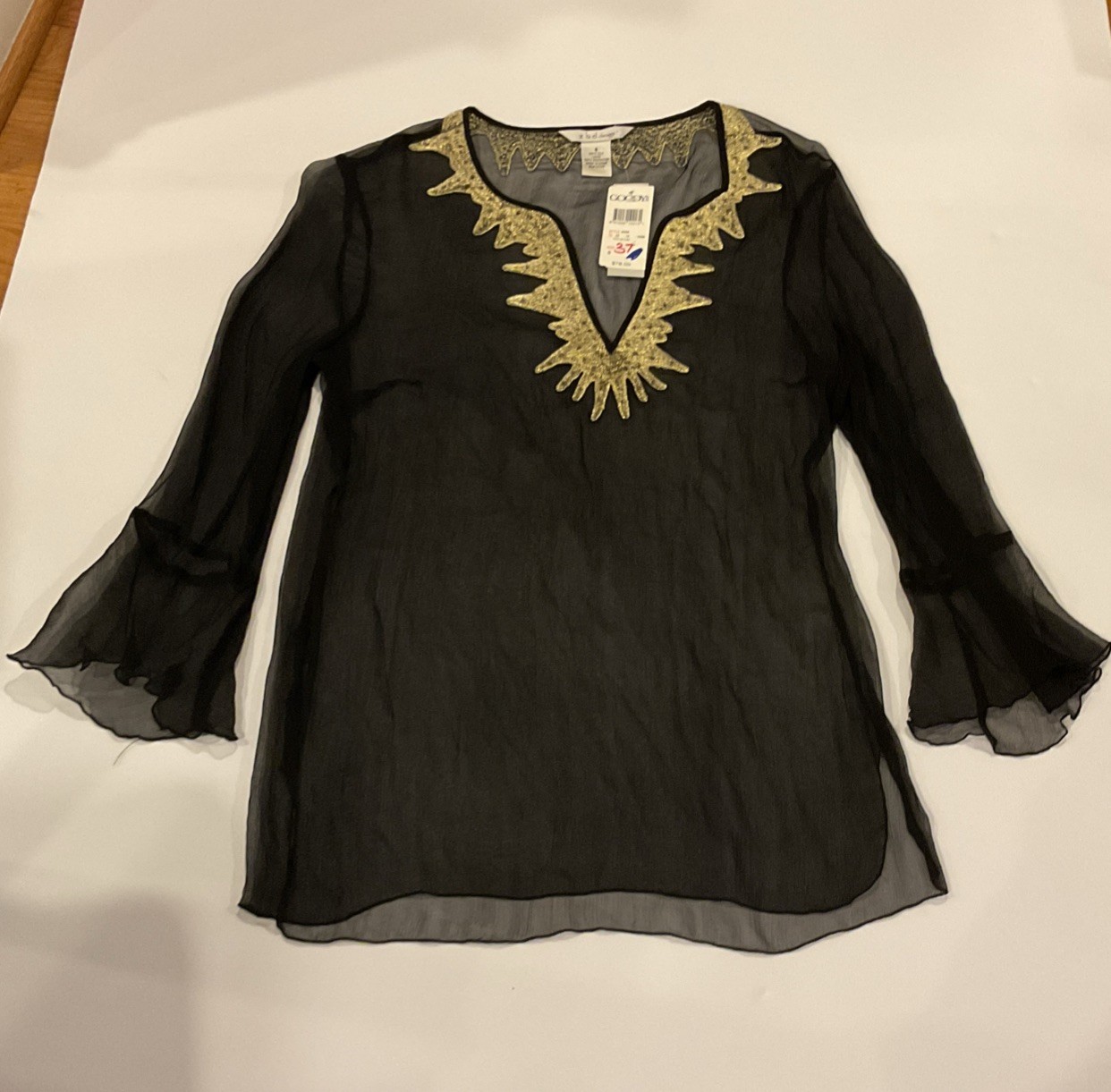 VINTAGE Sheer Black Tunic/Coverup Gold Lame Embroidery Deep VNeck Long Sleeve 8