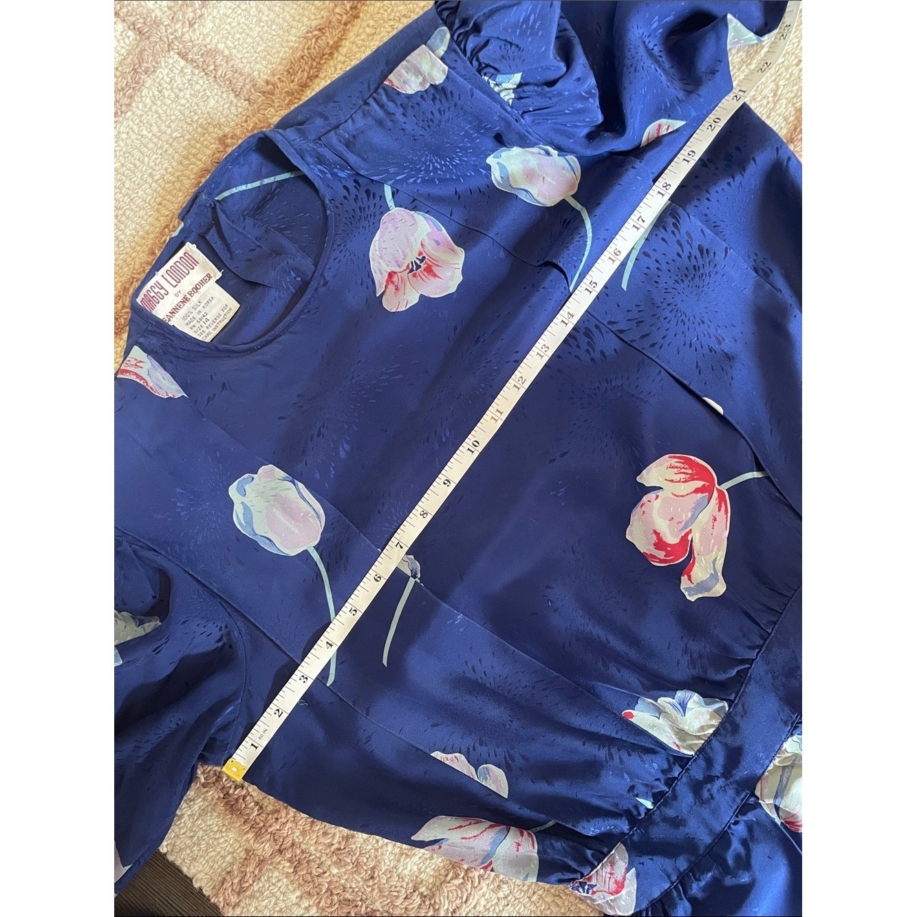 Vintage Silk Maggy London Royal Blue Floral Midi Dress Pastel Blooms Size 8