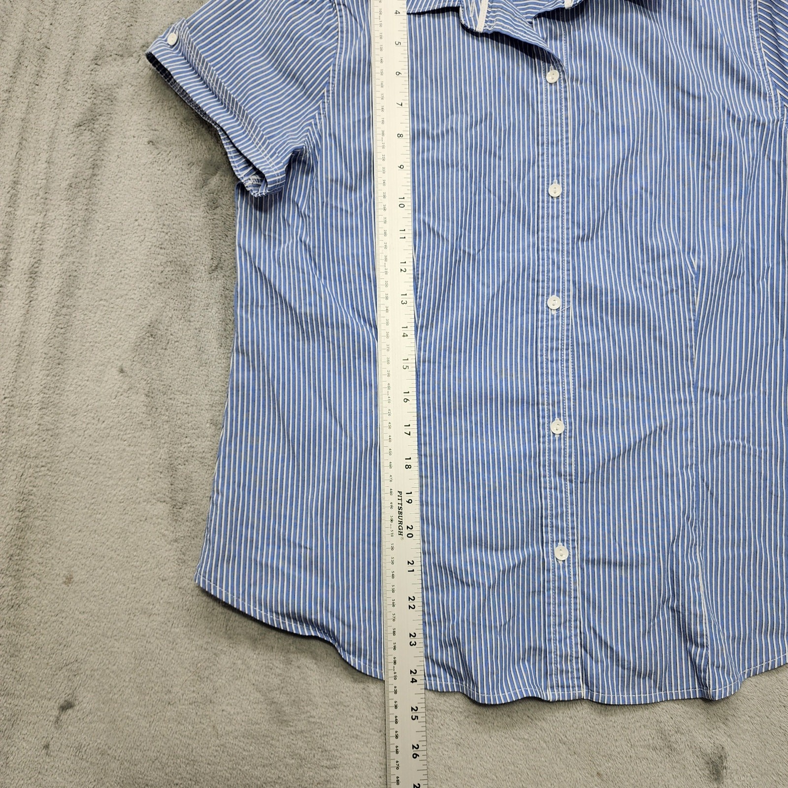 Vintage 90s Liz Claiborne Top Womens M Blue Striped Stretch Cotton Button Down