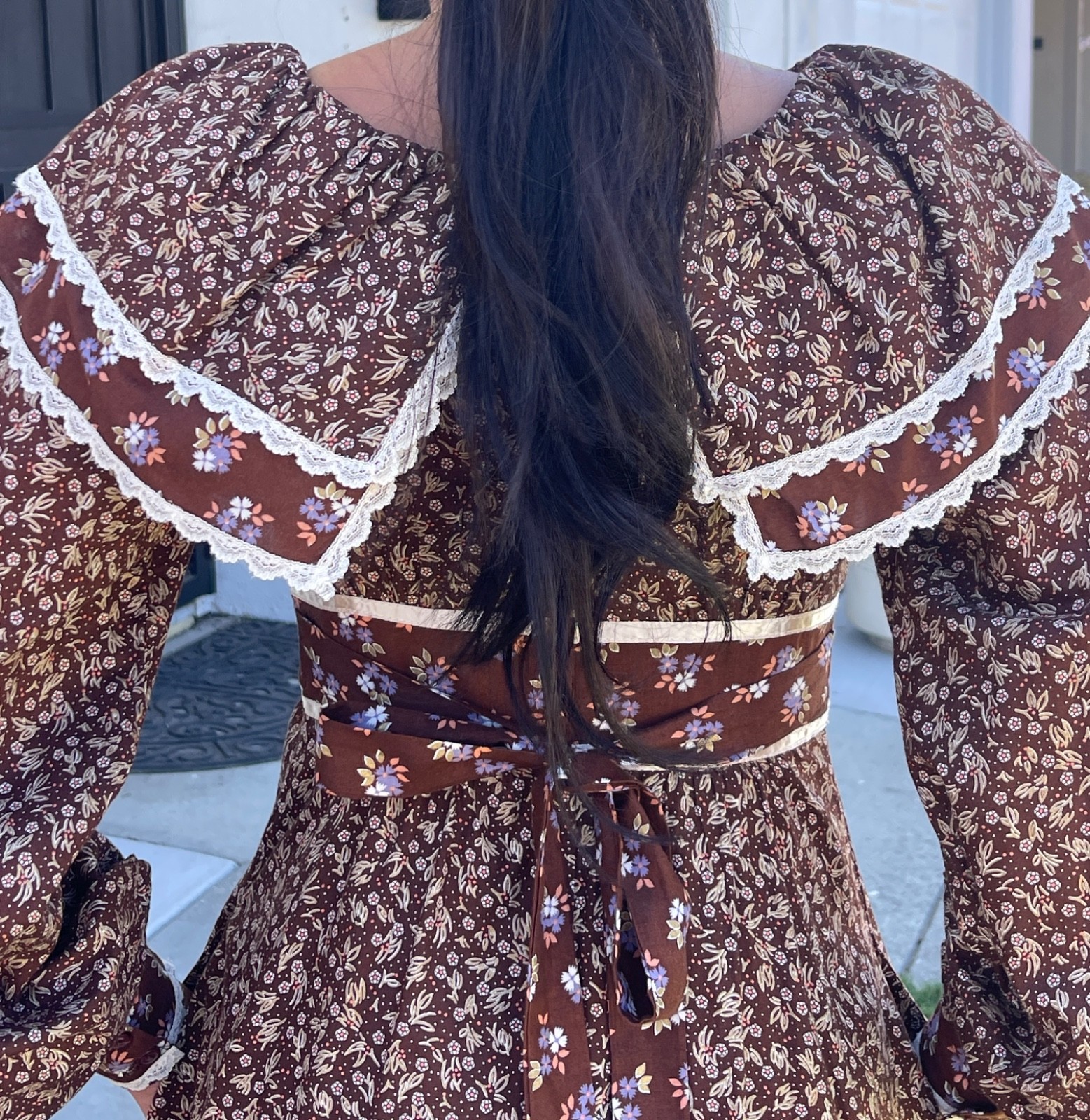 Vtg 1970s Gunne Sax Style Brown Calico Prairie Dress Ruffle Midi Small~Tag Cut