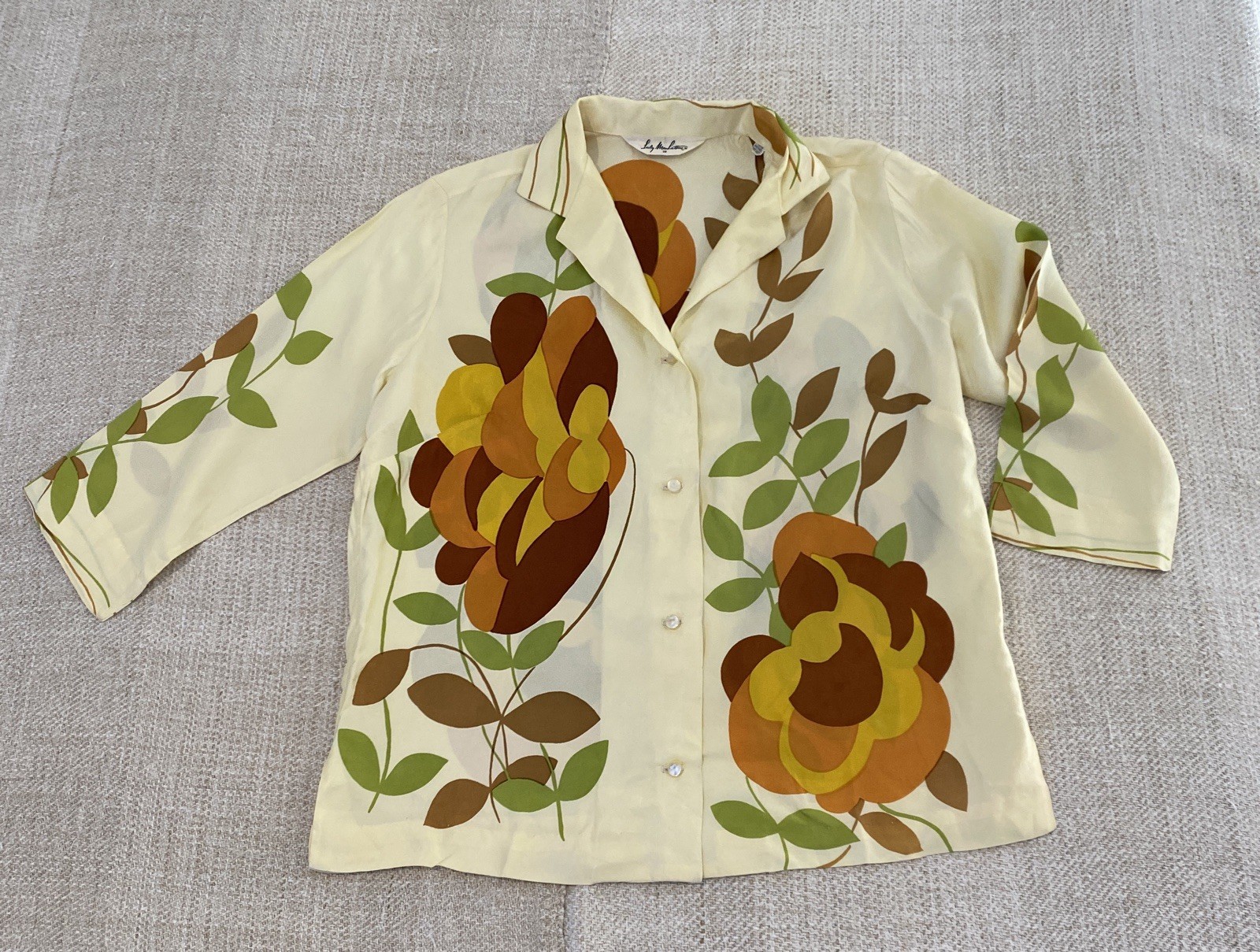 Vintage Lady Manhattan 60’s Lt Yellow Floral Button Shirt Blouse Sz 16 Excellent
