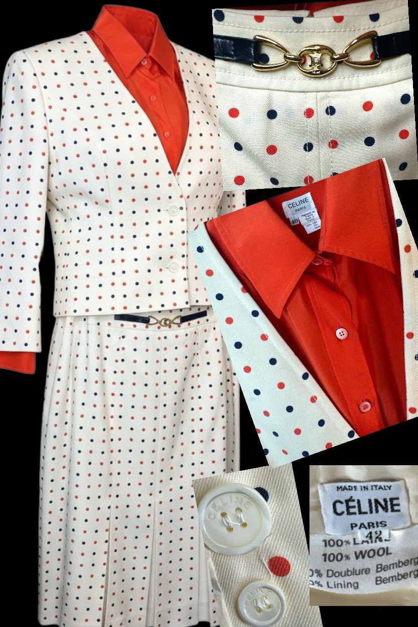 Vintage CÉLINE Paris 3-Piece Wool & Silk Set IT 42/FR 40 Coral & Navy Polka Dot