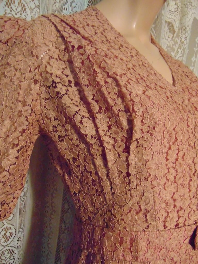 VTG 30s Peach Alencon Lace Puff Sleeve Dress & Matching Taffeta Slip 32W