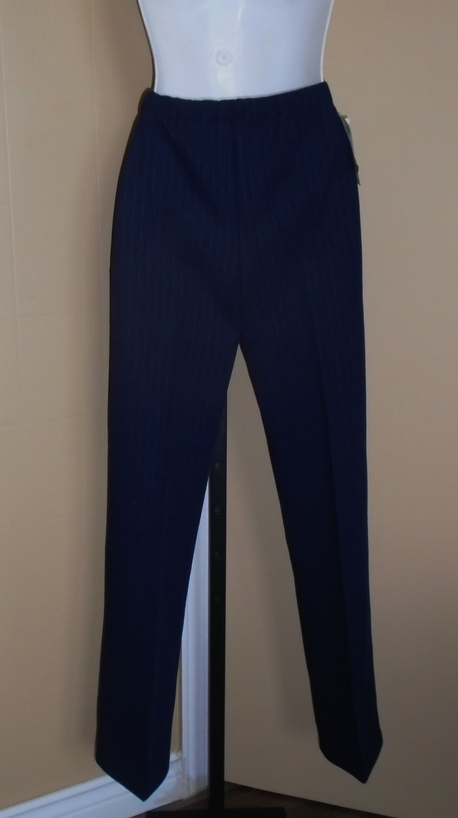 Ladies VTG 1970s Navy Blue Lines Textured Poly Dress Pants Sz 12 Petite NWT