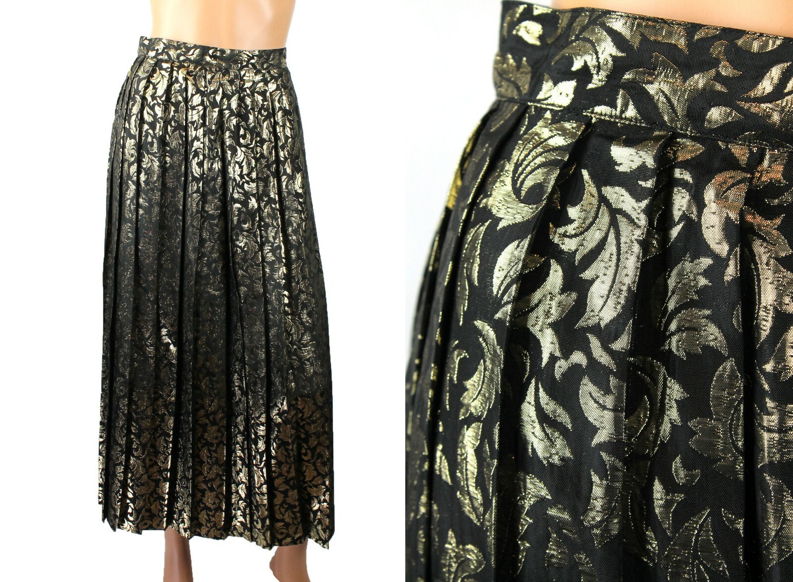 Vintage Pleated Skirt Sz S Long Black Metallic Gold Leaf Brocade Appleseeds Maxi