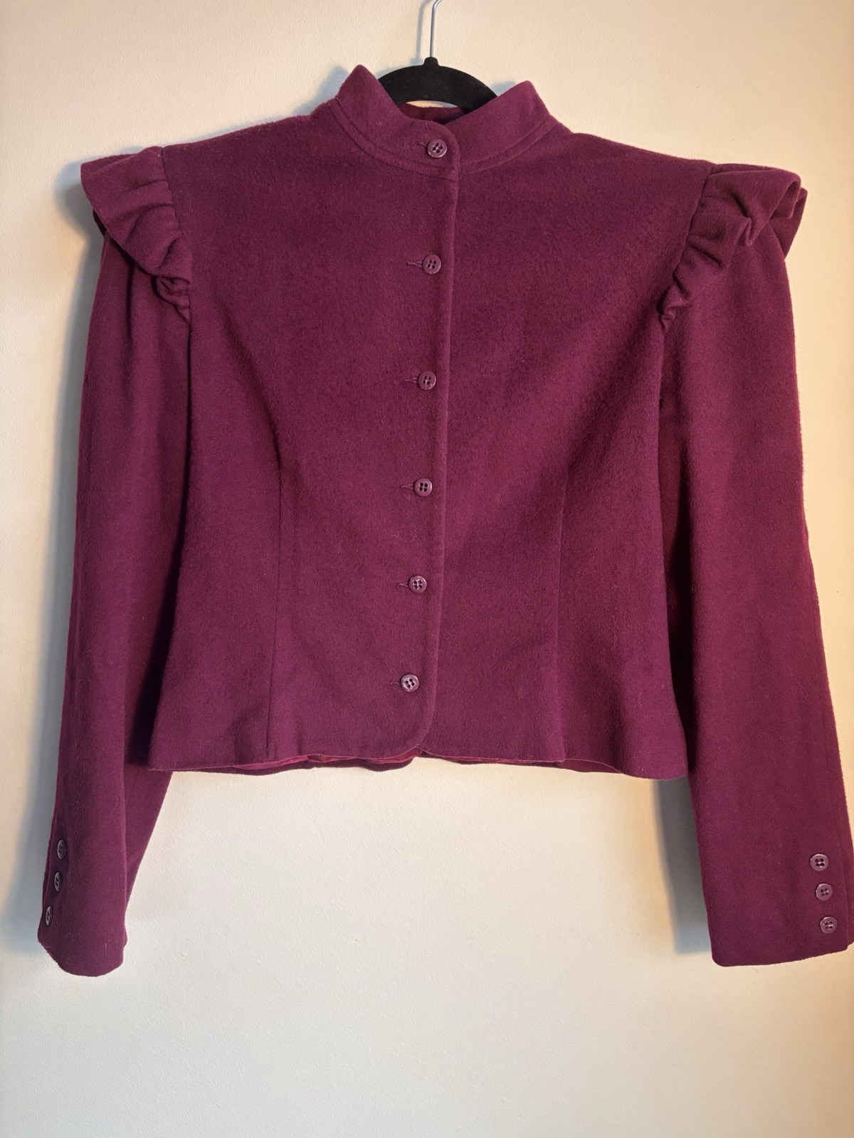 80s PERRY ELLIS Cropped Wool Jacket Ruffle Plum Purple Vintage sz10 modern small