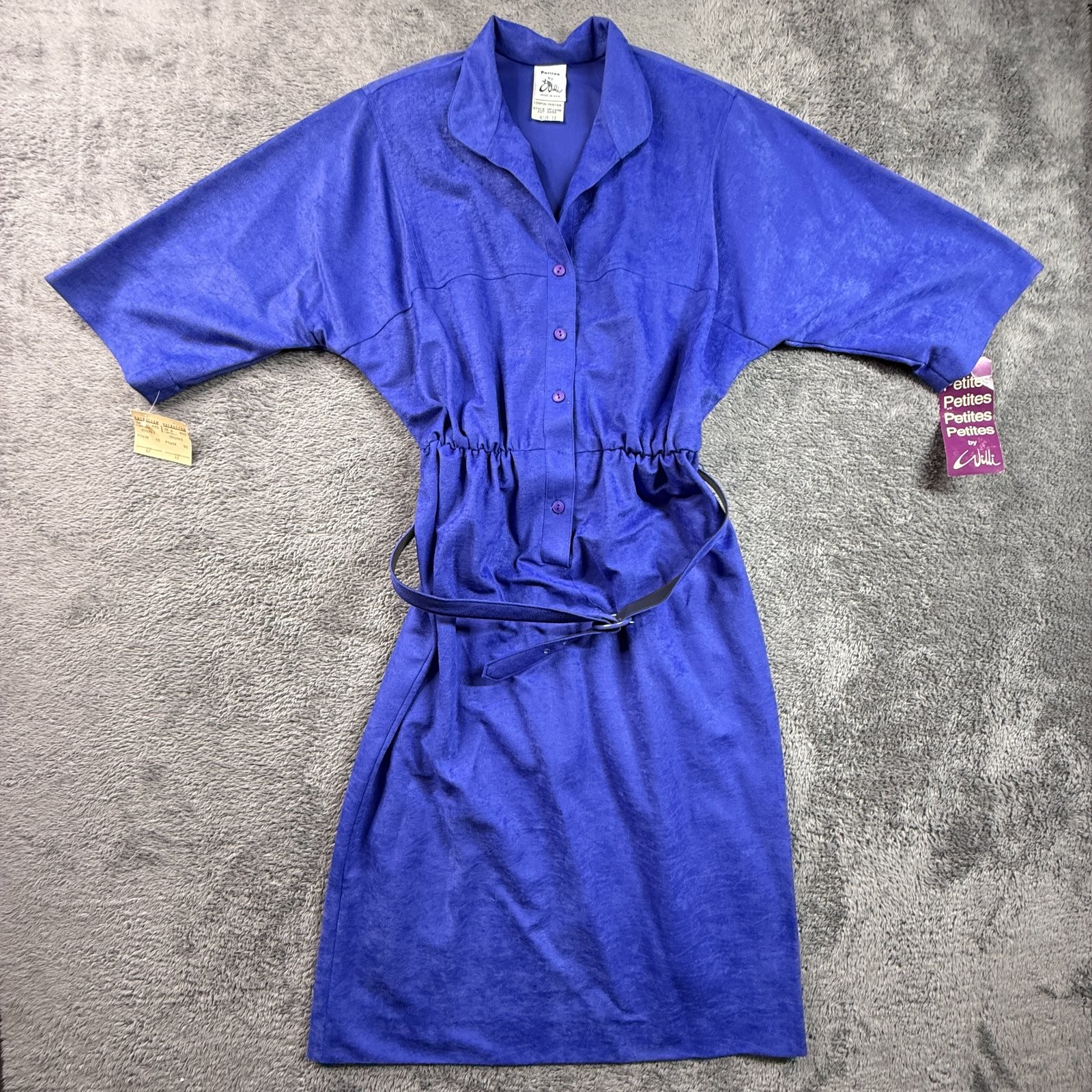 Vintage Petites by Willi 80s Blue Velvet Dress Belted Women’s 12 Retro NWT