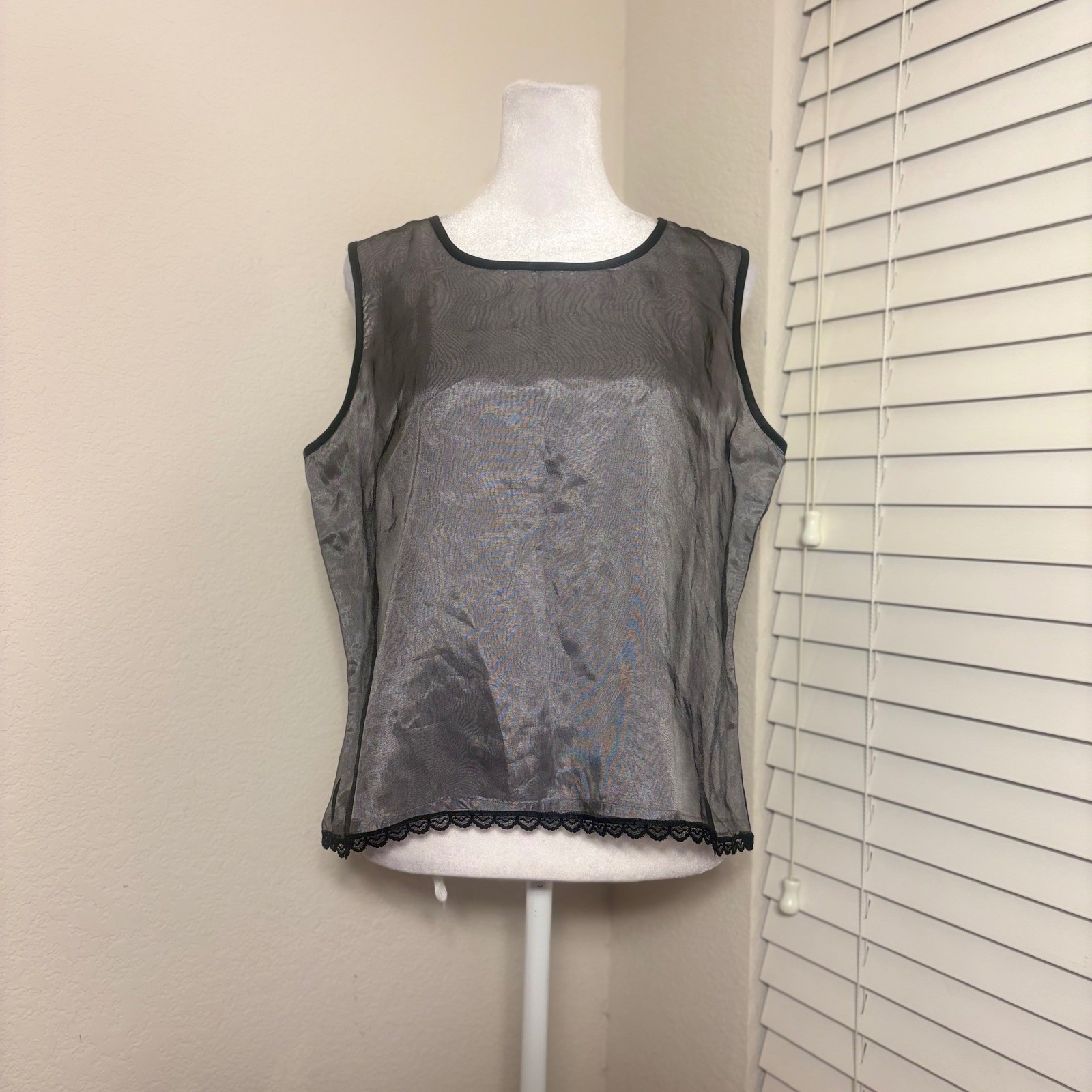 Goth Grunge Notations Vintage Silver Gray Mesh Tank Top W Black Lace Trim Size M