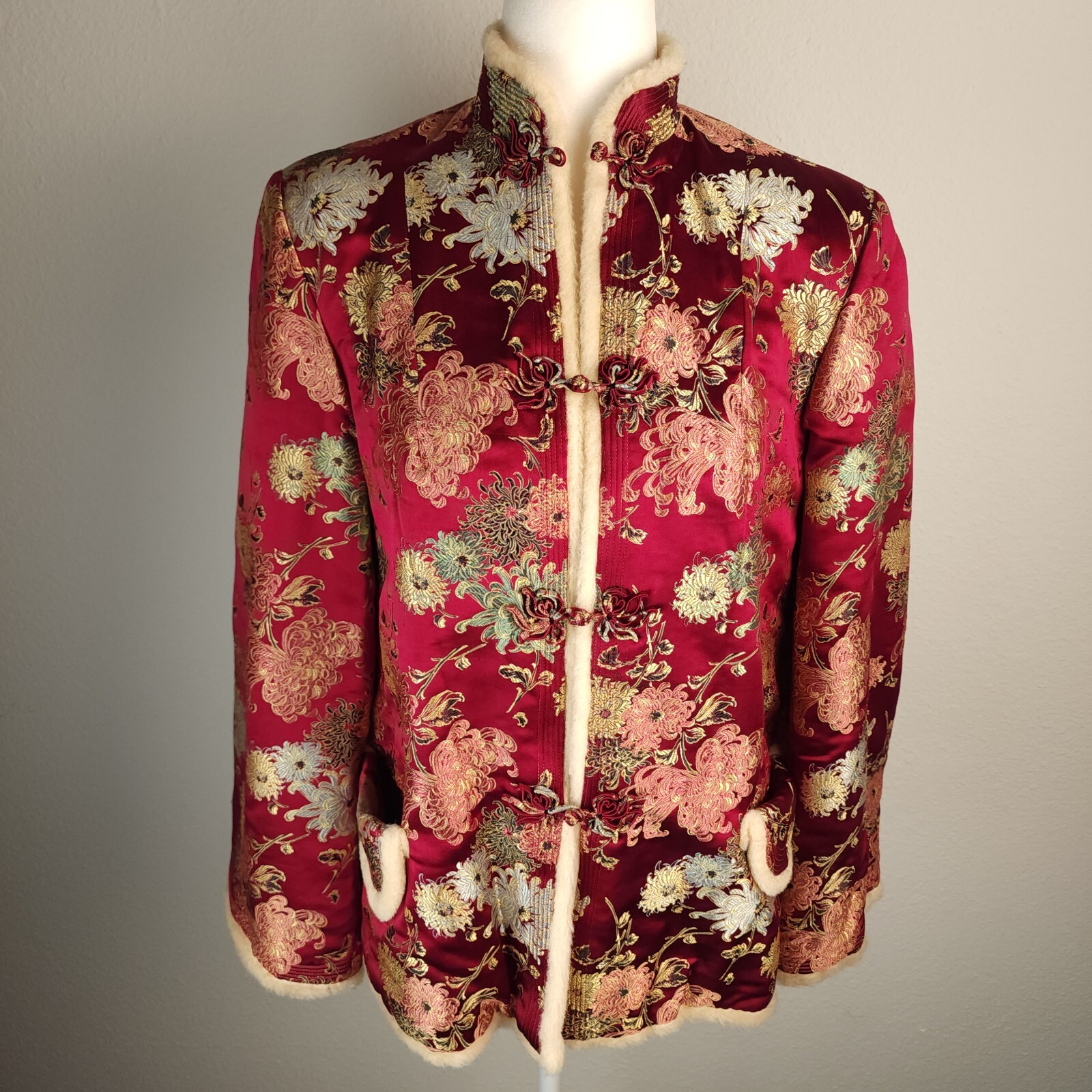 Vintage 70s Asian Mandarin Sherpa Lined Jacket Coat Silk Burgundy Chrysanthemum