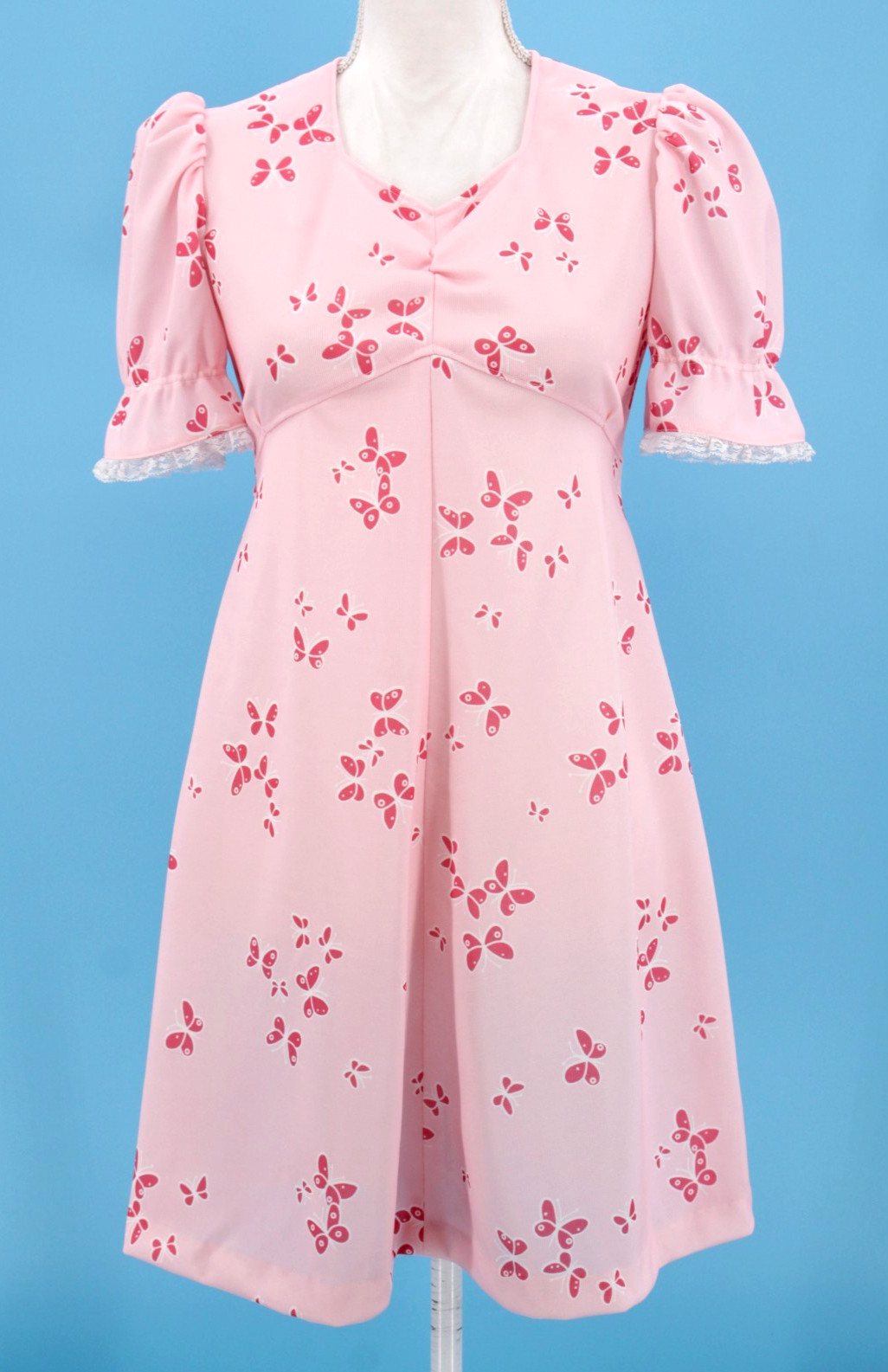 VTG Women’s 60s Pink Butterfly Print Mini Dress Sz S 1960s Polyester