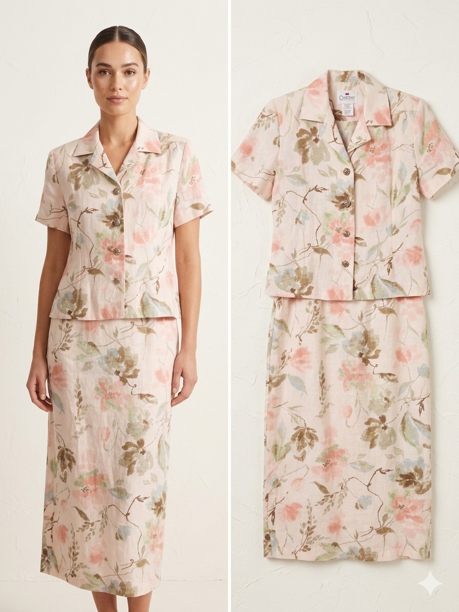 Vintage 100% Linen Floral Maxi Dress Set Sz 8 Coastal Grandmother Quiet Luxury