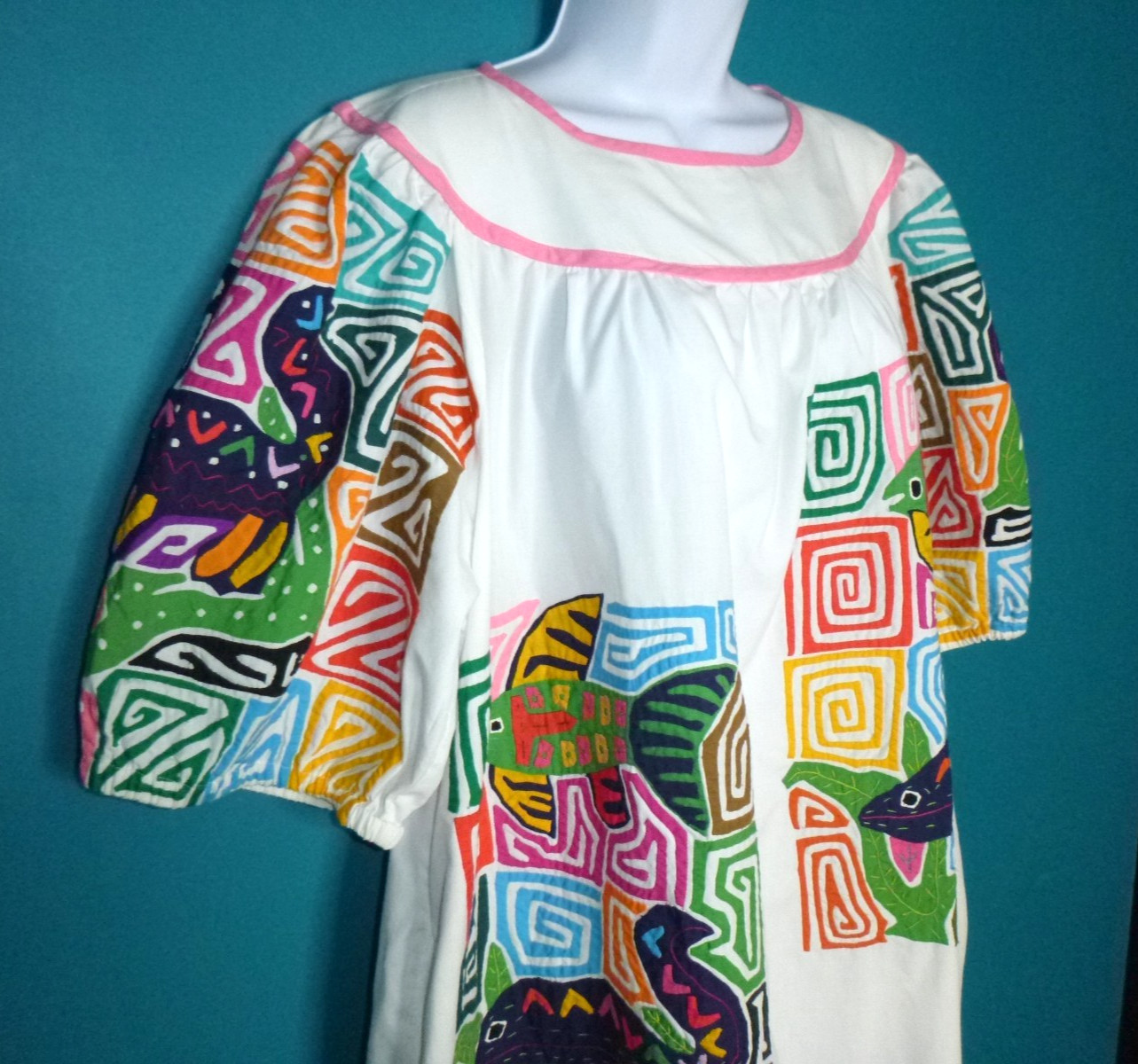 Vtg 70s Seds Crafts Mola Panama Reverse Applique Dress Fish Geckos One Size