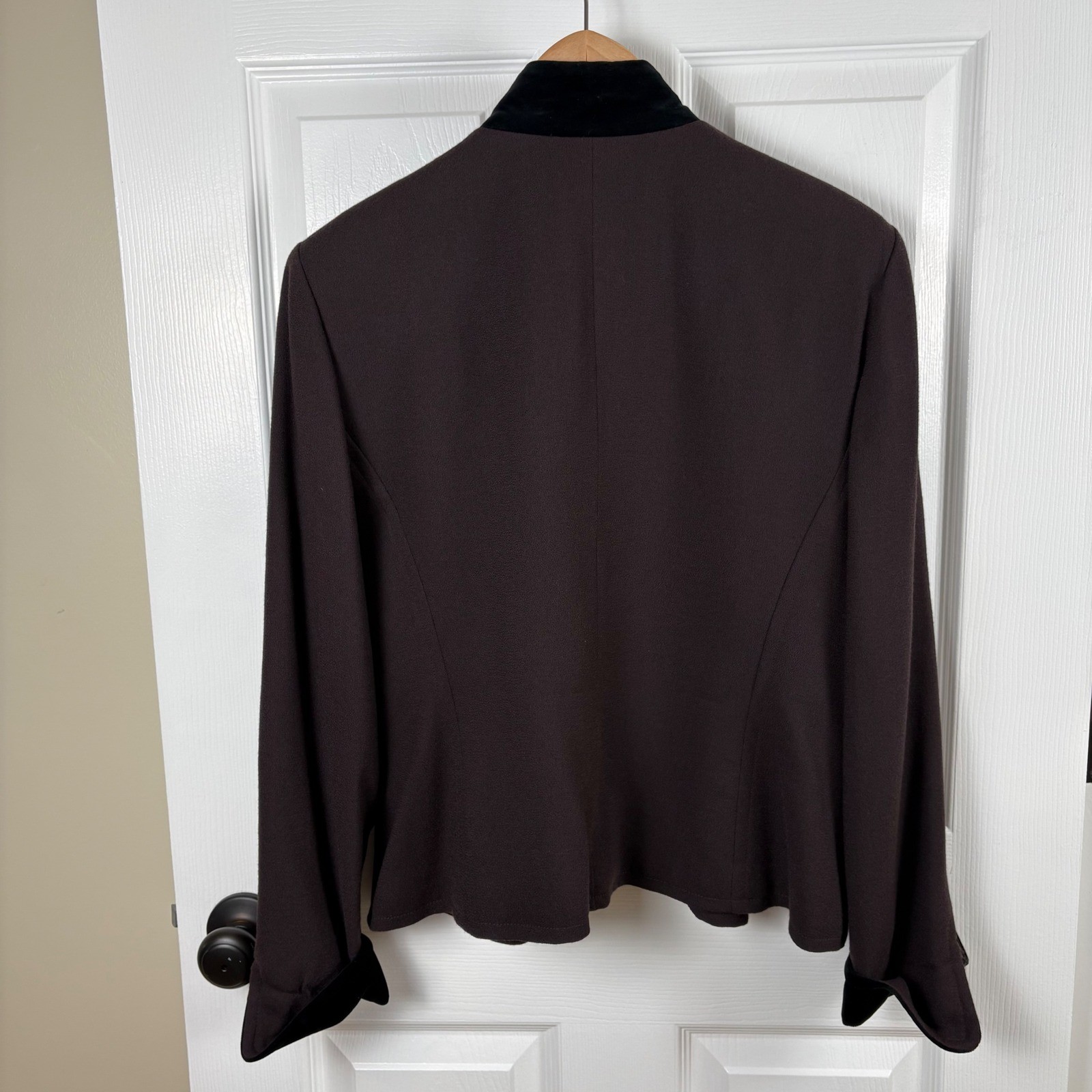 Vtg Christian Dior Skirt Suit 14P Brown Wool Velvet Trim Zip Jacket Luxury