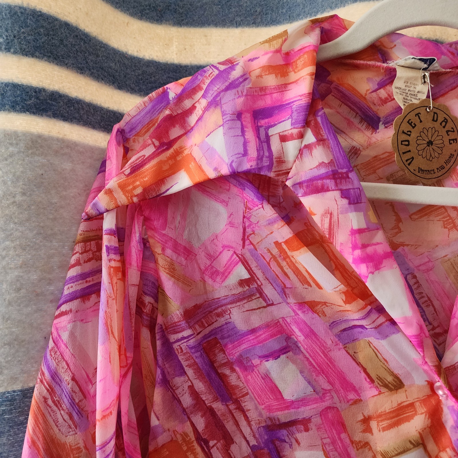 1970s Vintage Neon Mardi Modes Blouse Semi Sheer Dagger Collar Medium