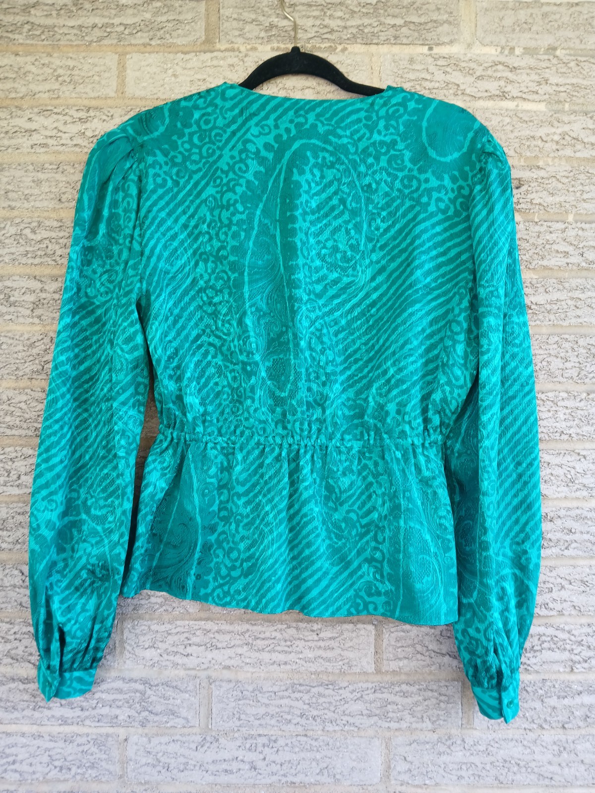 Vintage Carlisle Women’s Green Silk Peplum Blouse Puffy Sleeves Size 6