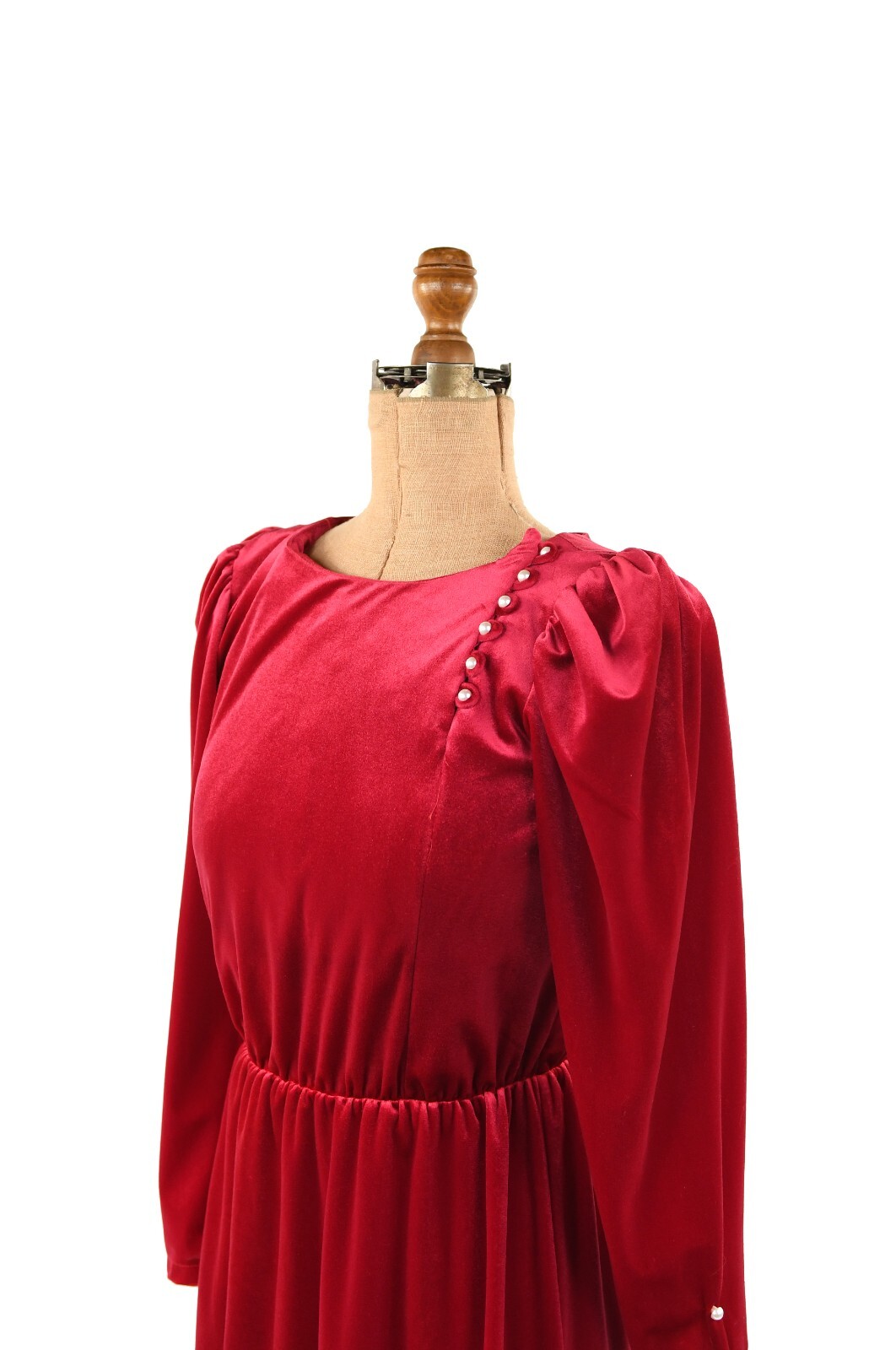 Vintage 70s Dark Pink Velvet Puff Shoulder Long Sleeve Pearl Button Dress S M