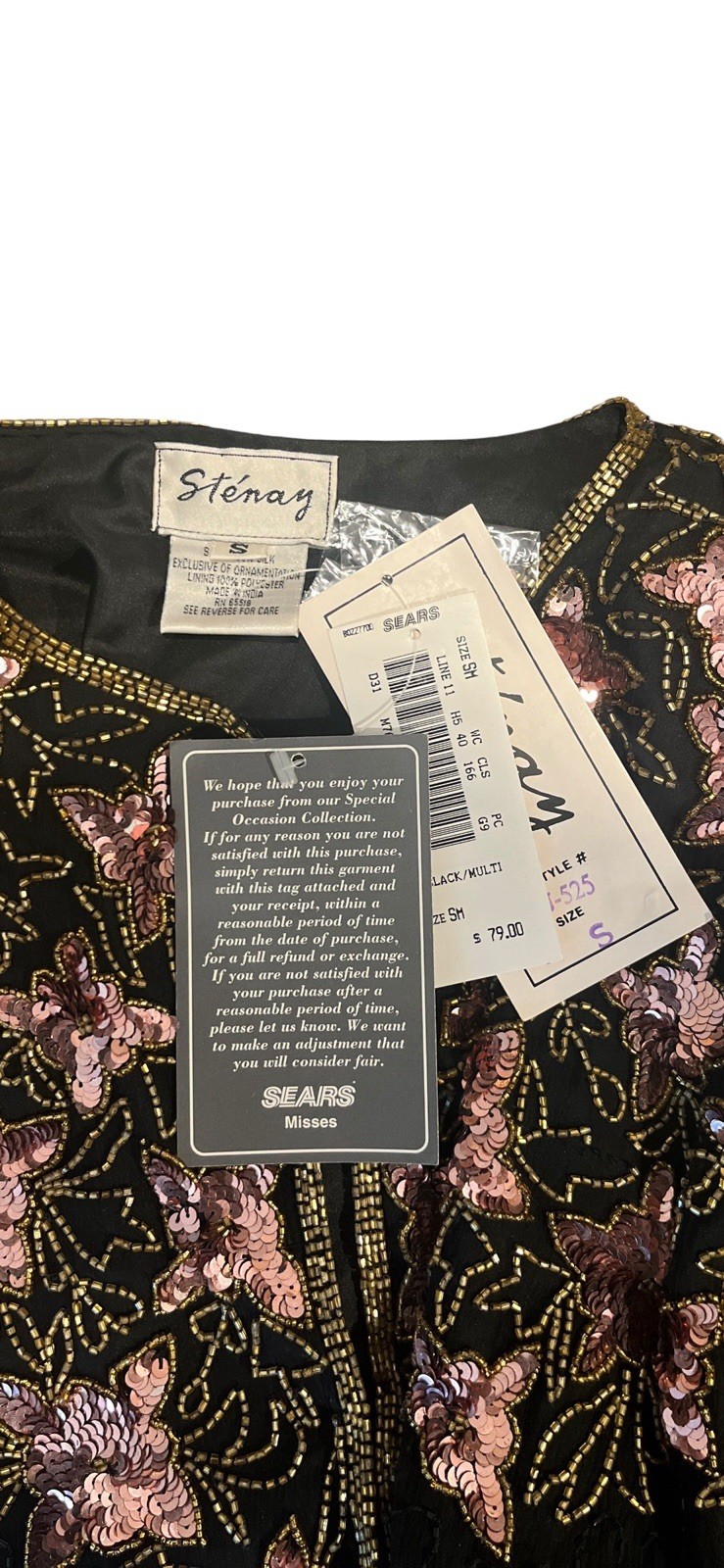 Stenay Vintage 80s Beaded Sequined Jacket Black Rose Gold 100% Silk S Party NWT