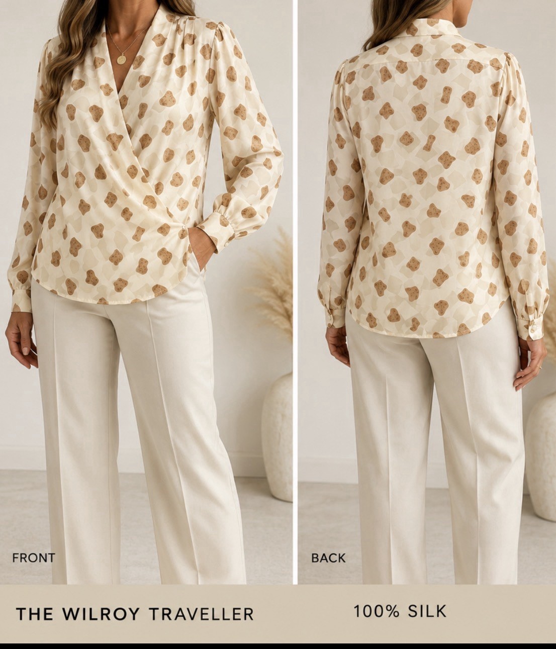 Vintage Wilroy Traveller 100% Silk Wrap Blouse Size 16 Ivory Tan