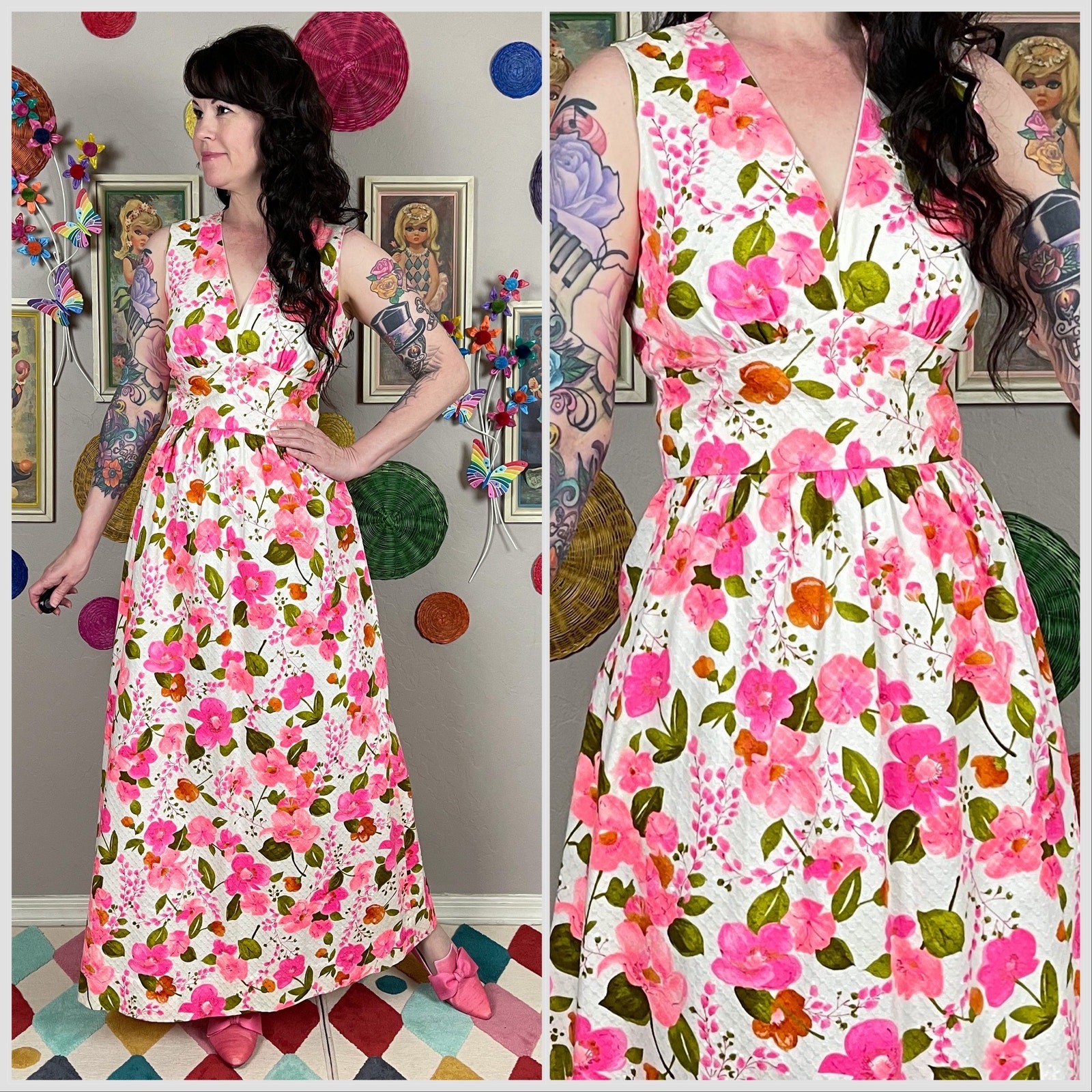 Vintage 1970s Hawaiian Pink Floral Sleeveless Cotton Maxi Dress | 27″-28″ Waist