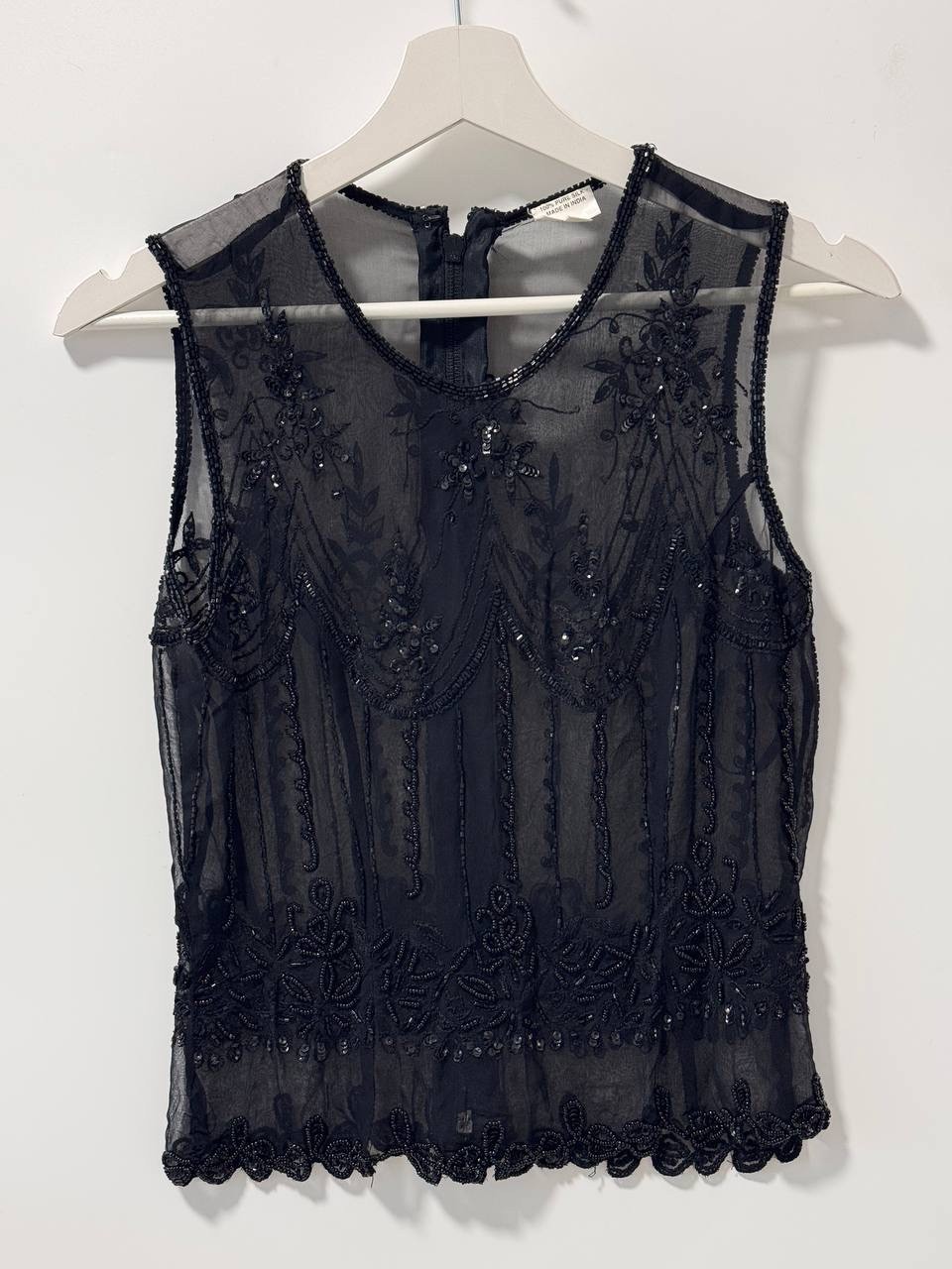 Vintage Black 100% Silk Hand Beaded Sheer Top Women’s Size S Art Deco Style Made