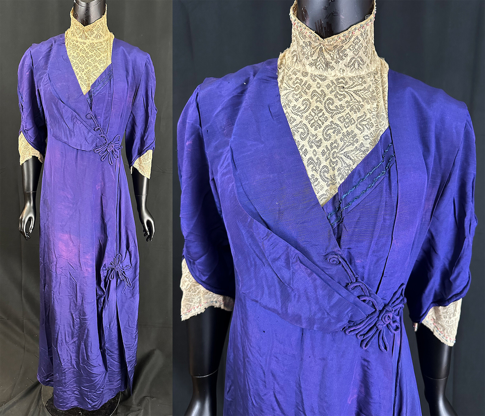 Edwardian Titanic Royal Purple Silk Soutache Ivory Lace High Collar Cuffs Dress
