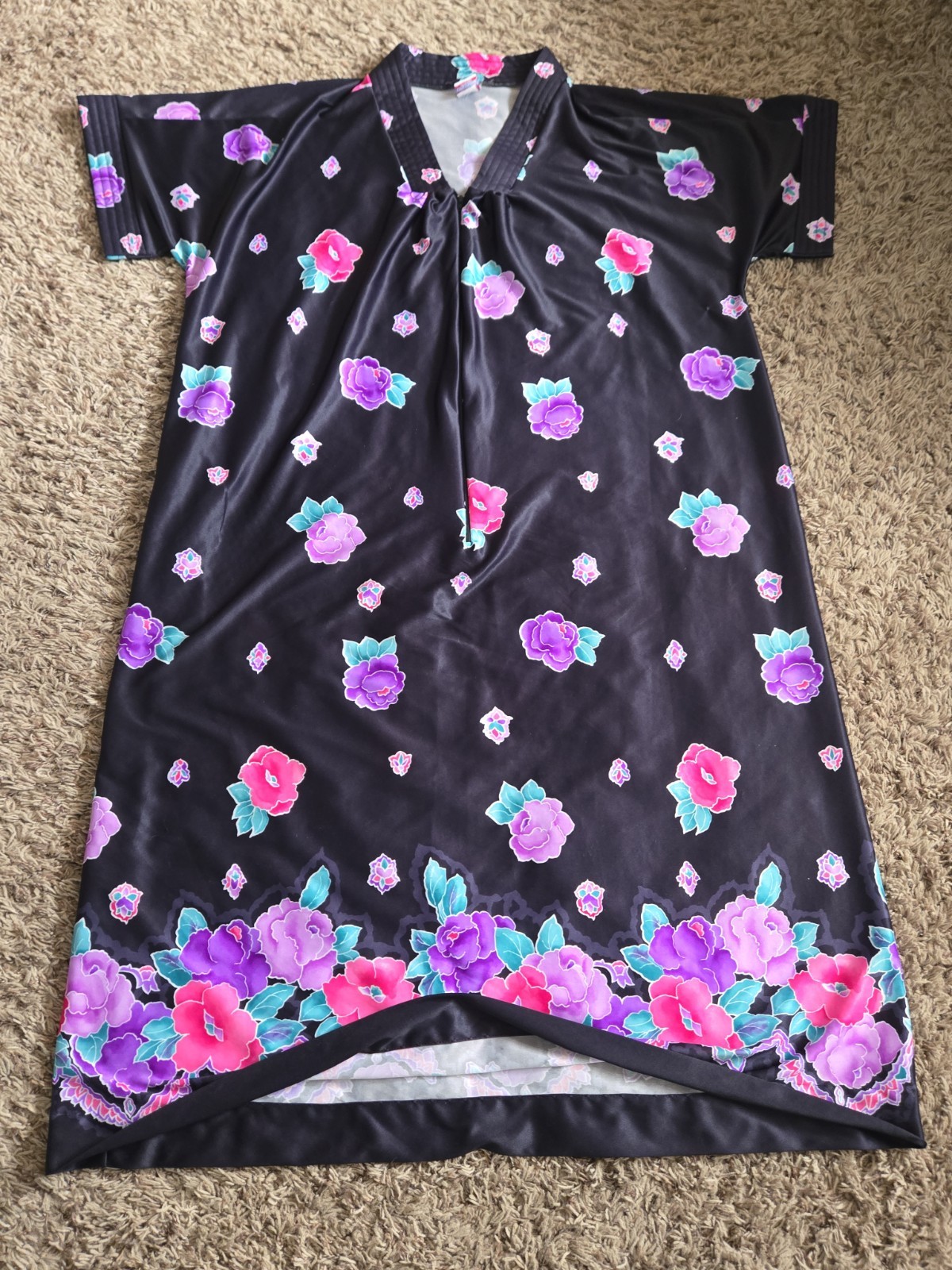 Granada Vintage Zip Front Caftan Robe Black Floral Maxi USA One Size Pocket