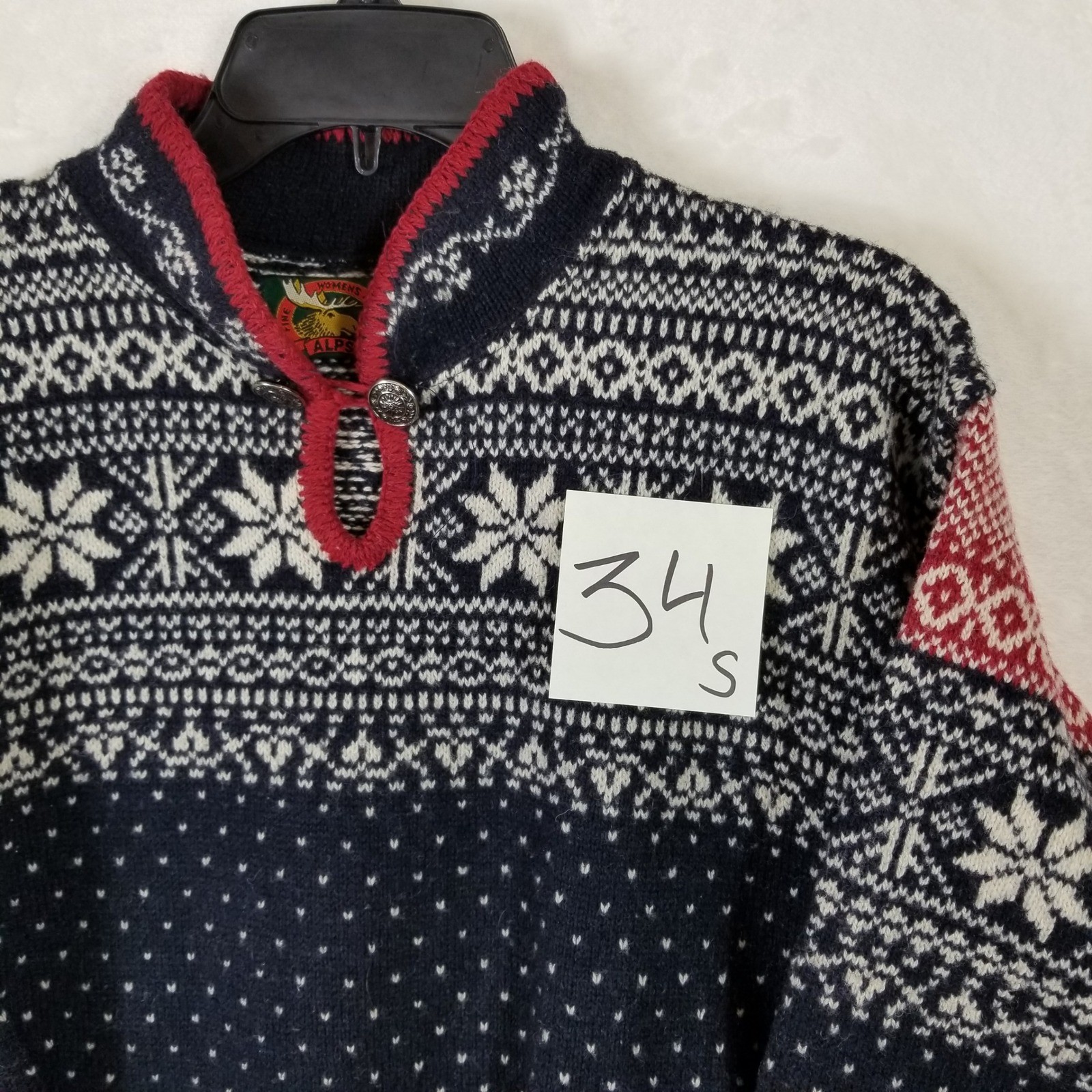 Vintage Alps Nordic Fair Isle Wool Sweater Womens Medium Navy Red Snowflake USA